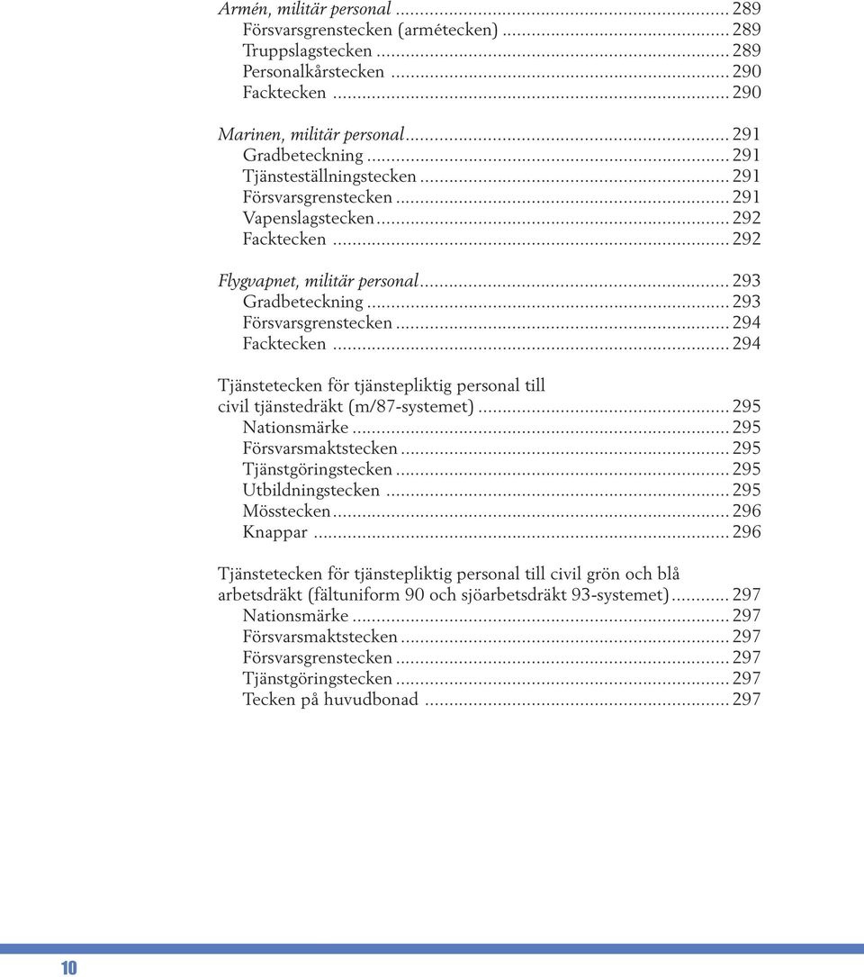 .. 294 Facktecken... 294 Tjänstetecken för tjänstepliktig personal till civil tjänstedräkt (m/87-systemet)... 295 Nationsmärke... 295 Försvarsmaktstecken... 295 Tjänstgöringstecken.