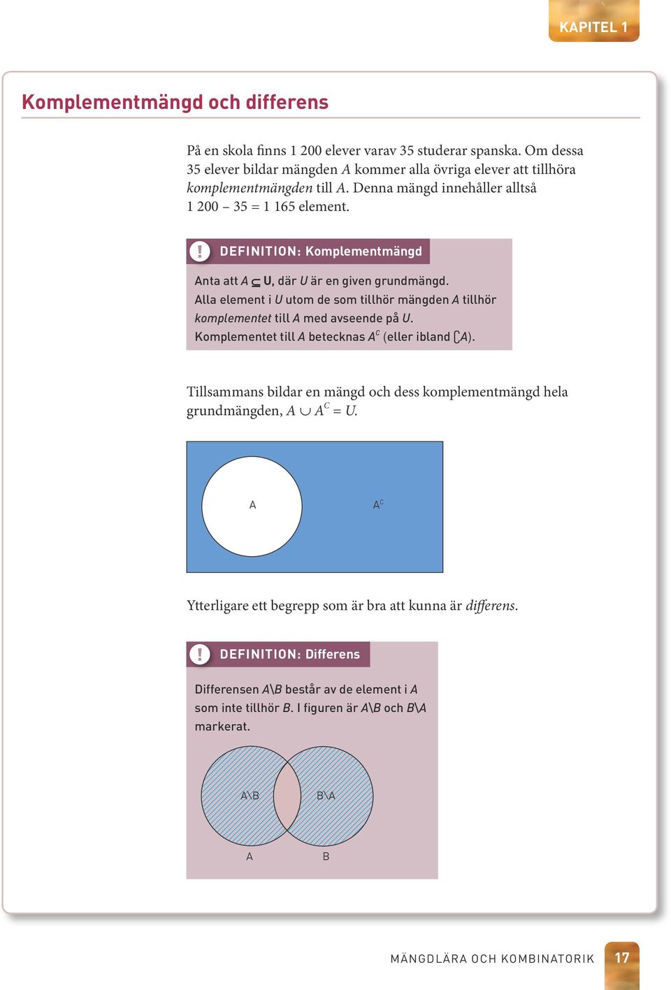 ! DEFINITION: Komplementmängd nta att U, där U är en given grundmängd. lla element i U utom de som tillhör mängden tillhör komplementet till med avseende på U.