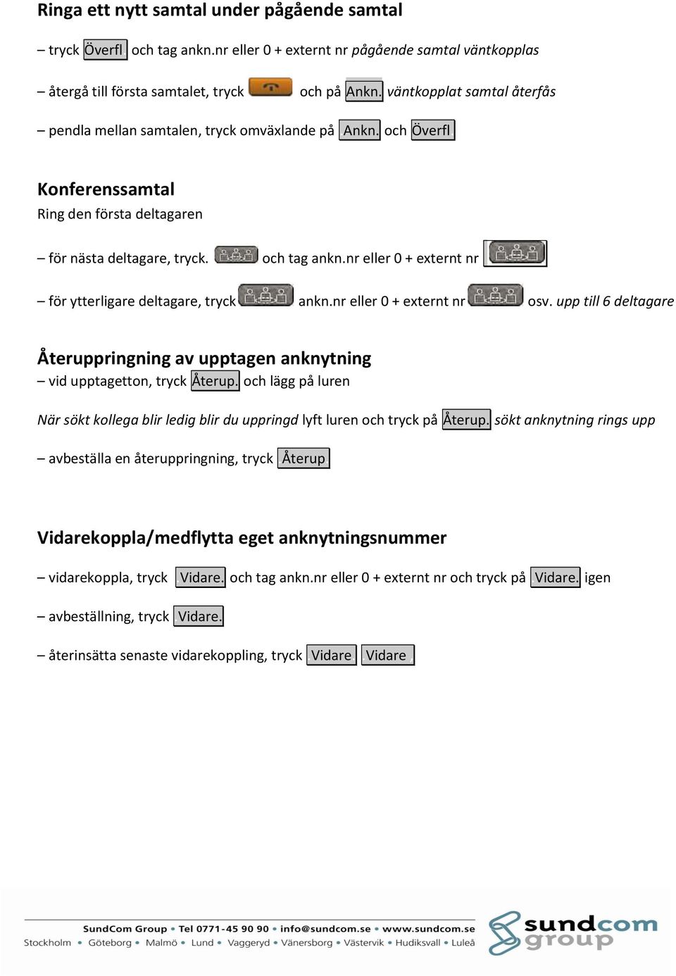 nr eller 0 + externt nr för ytterligare deltagare, tryck ankn.nr eller 0 + externt nr osv. upp till 6 deltagare Återuppringning av upptagen anknytning vid upptagetton, tryck Återup.