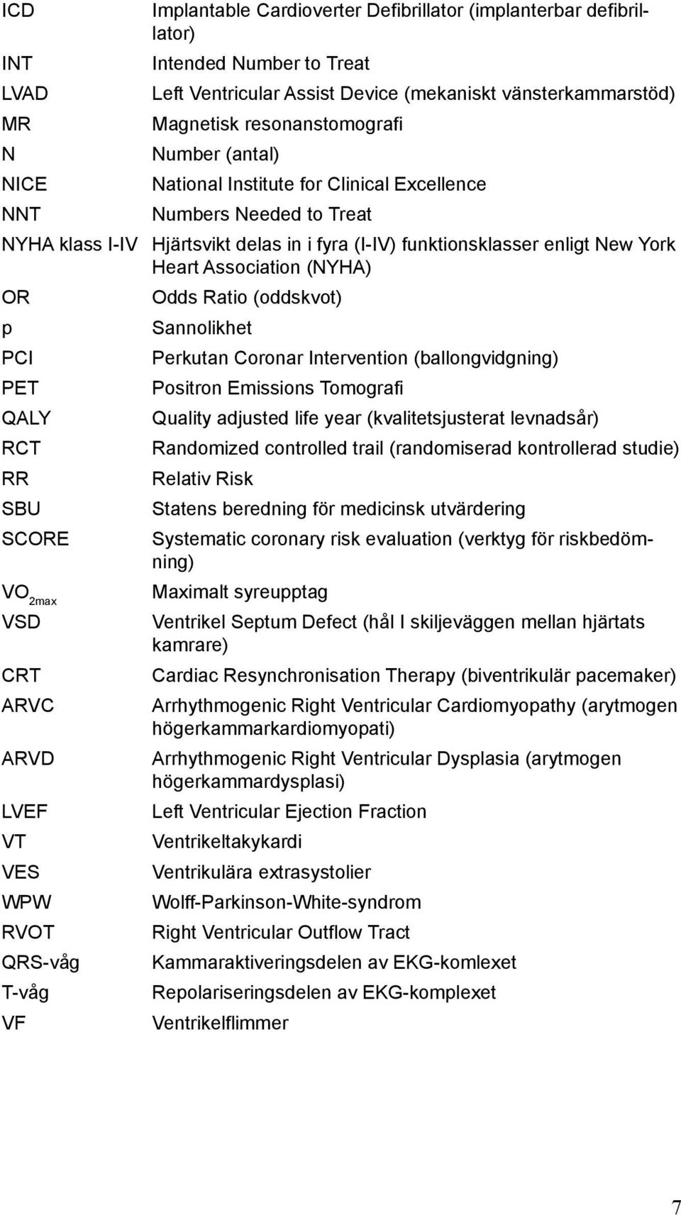 Association (NYHA) OR p PCI PET QALY RCT RR SBU SCORE VO 2max VSD CRT ARVC ARVD LVEF VT VES WPW RVOT QRS-våg T-våg VF Odds Ratio (oddskvot) Sannolikhet Perkutan Coronar Intervention (ballongvidgning)