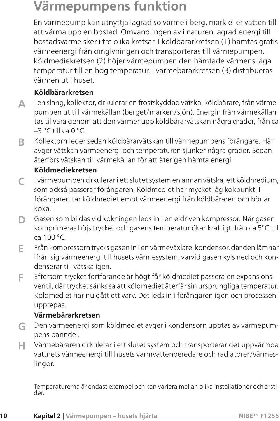 I köldmediekretsen (2) höjer värmepumpen den hämtade värmens låga temperatur till en hög temperatur. I värmebärarkretsen (3) distribueras värmen ut i huset.