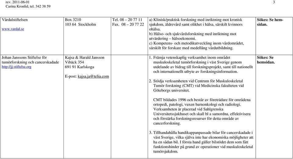 b) Hälso- och sjukvårdsforskning med inriktning mot utvärdering hälsoekonomi. c) Kompetens- och metodikutveckling inom vårdområdet, särskilt för forskare med medellång vårdutbildning.