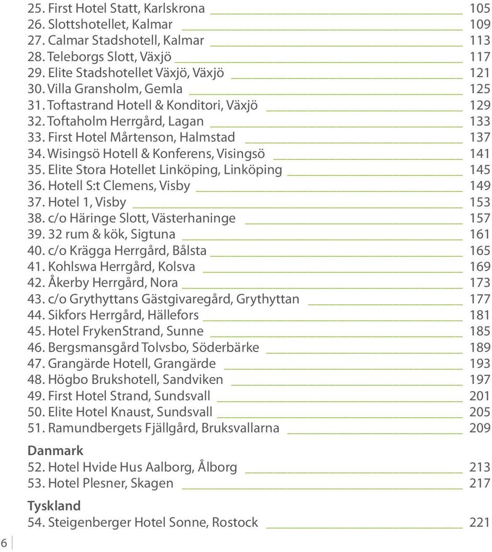 Elite Stora Hotellet Linköping, Linköping 145 36. Hotell S:t Clemens, Visby 149 37. Hotel 1, Visby 153 38. c/o Häringe Slott, Västerhaninge 157 39. 32 rum & kök, Sigtuna 161 40.