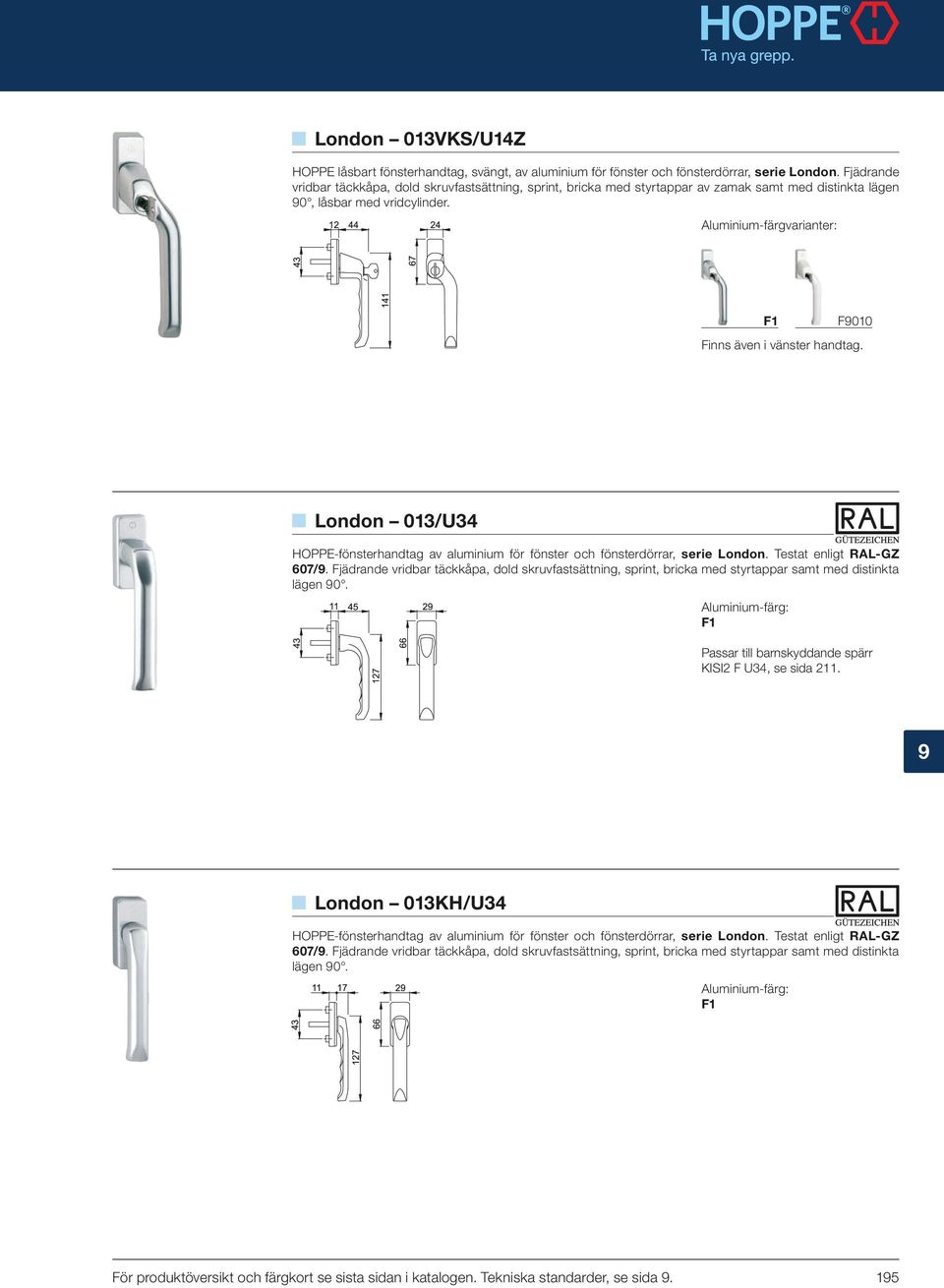 F9010 London 013/U34 HOPPE-fönsterhandtag av aluminium för fönster och fönsterdörrar, serie London. Testat enligt RAL-GZ 607/9.