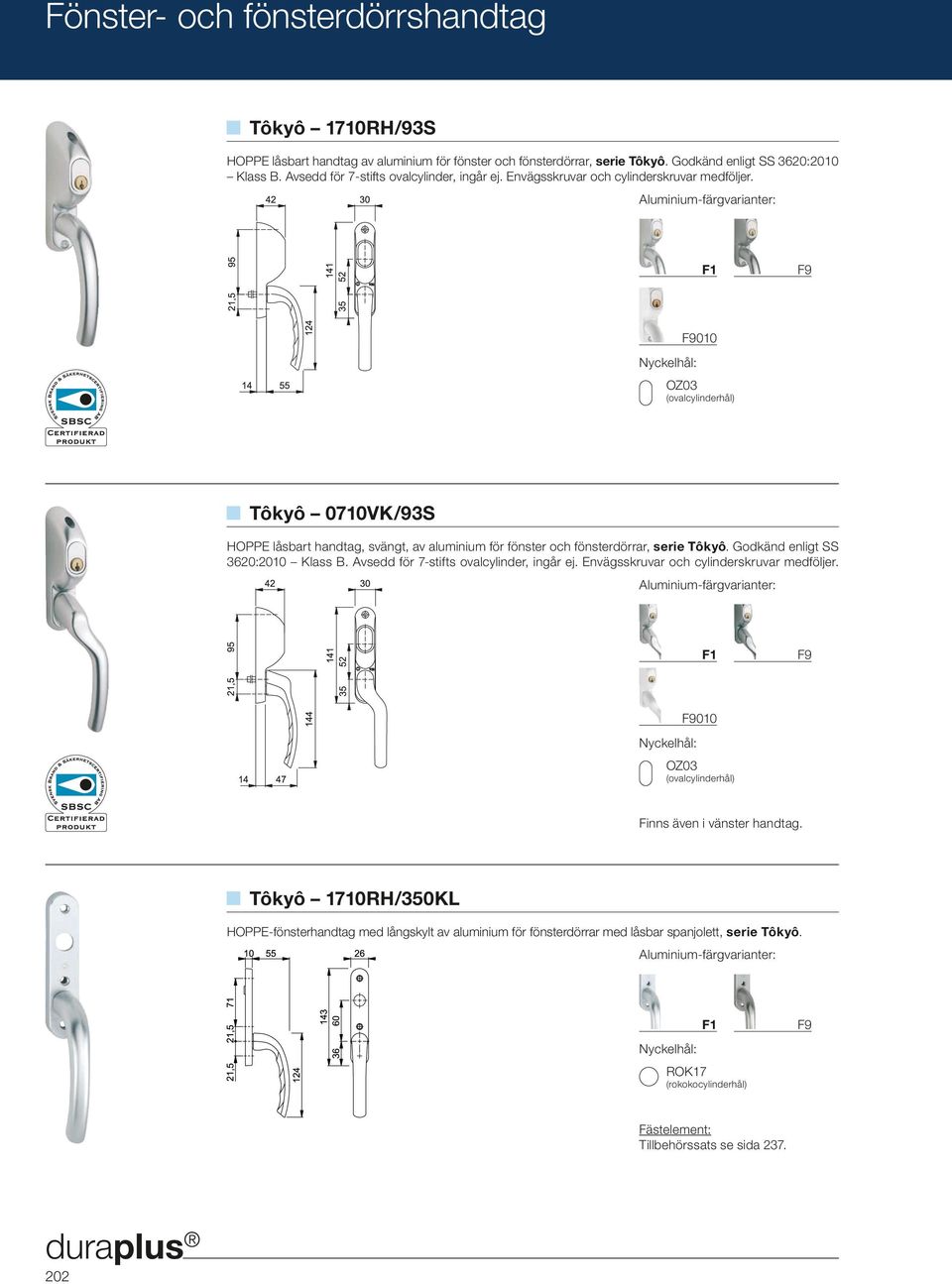 F9 F9010 OZ03 (ovalcylinderhål) Tôkyô 0710VK/93S HOPPE låsbart handtag, svängt, av aluminium för fönster och fönsterdörrar, serie Tôkyô. Godkänd enligt SS 3620:2010 Klass B.