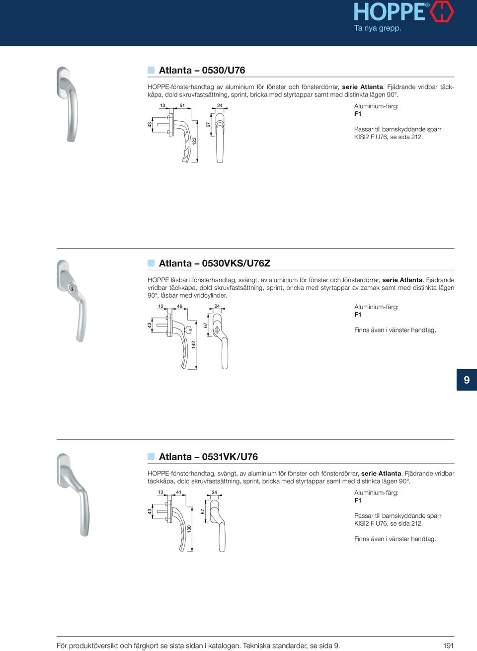 Atlanta 0530VKS/U76Z HOPPE låsbart fönsterhandtag, svängt, av aluminium för fönster och fönsterdörrar, serie Atlanta.