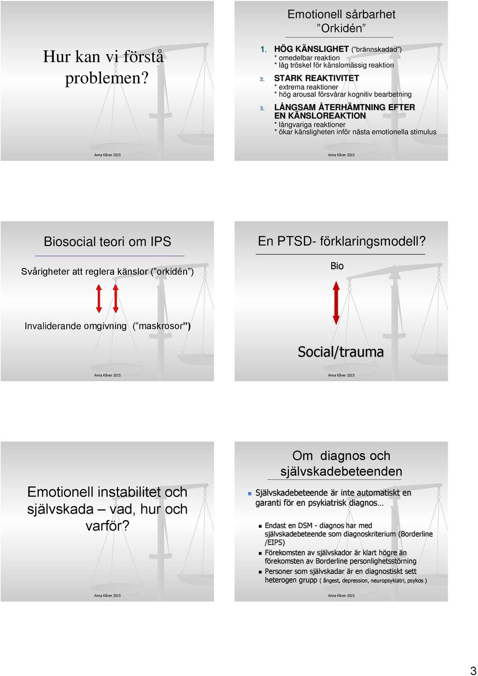 LÅNGSAM ÅTERHÄMTNING EFTER EN KÄNSLOREAKTION * långvariga reaktioner * ökar känsligheten inför nästa emotionella stimulus Biosocial teori om IPS Svårigheter att reglera känslor ( orkidén ) En PTSD-