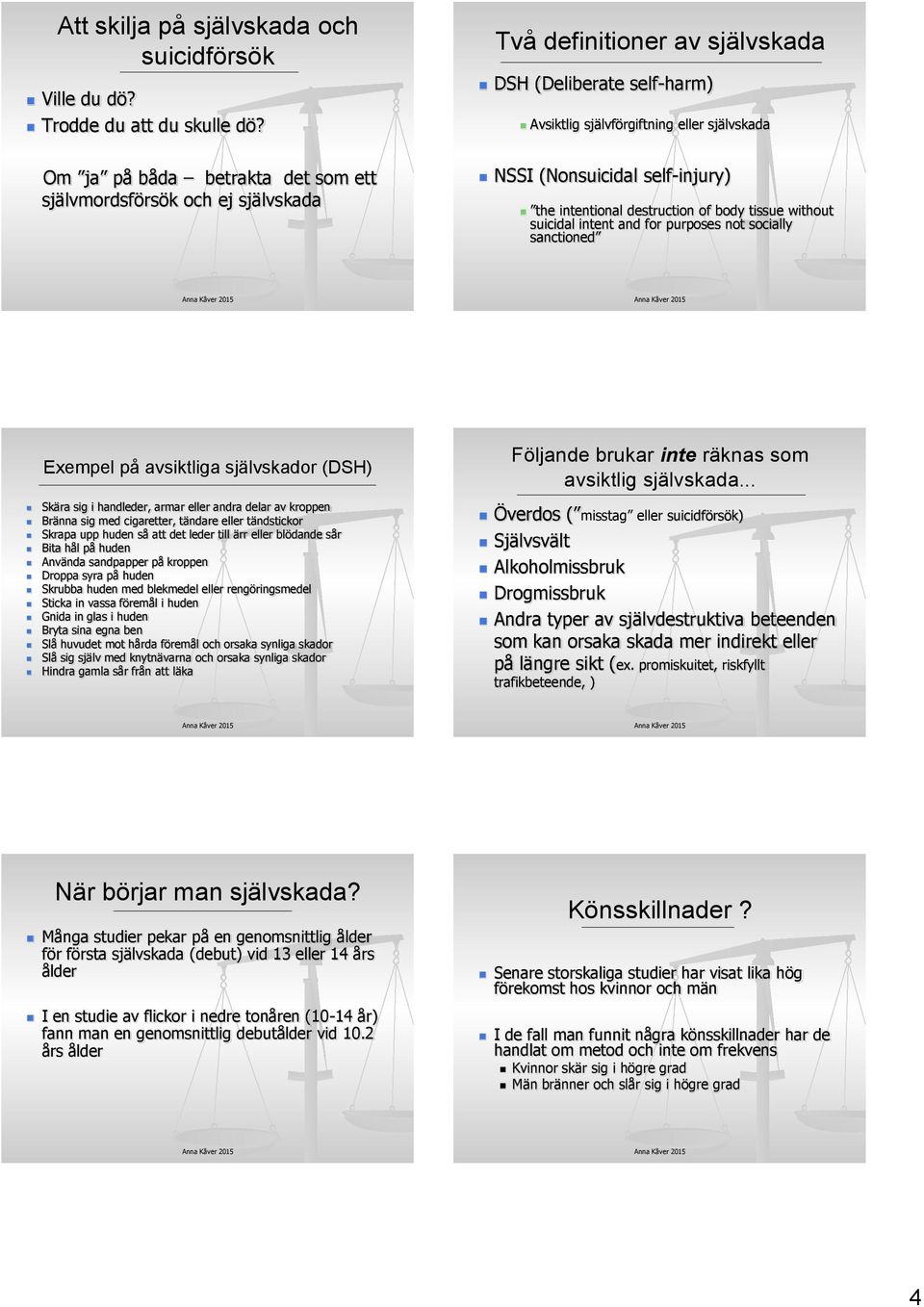 self-injury) the intentional destruction of body tissue without suicidal intent and for purposes not socially sanctioned Exempel på avsiktliga självskador (DSH) Skära sig i handleder, armar eller