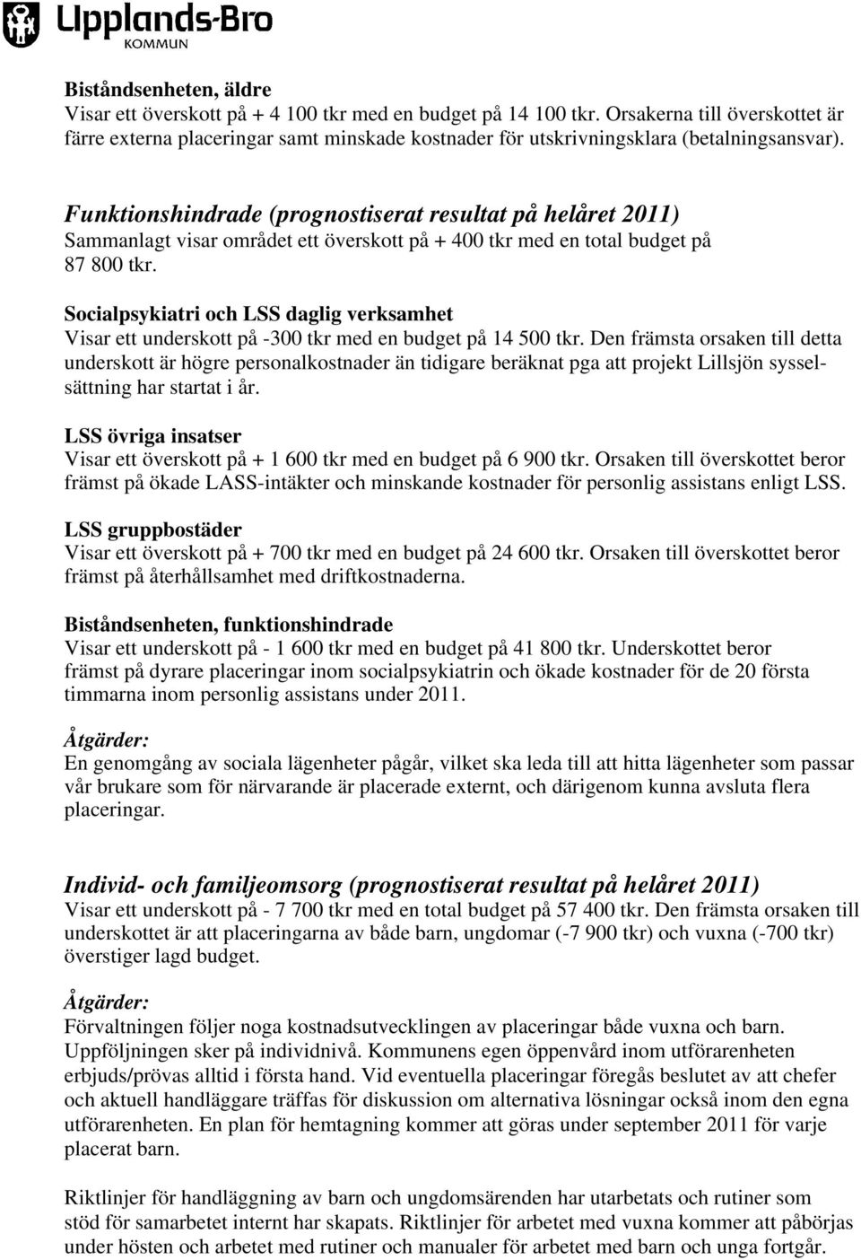 Funktionshindrade (prognostiserat resultat på helåret 2011) Sammanlagt visar området ett överskott på + 400 tkr med en total budget på 87 800 tkr.