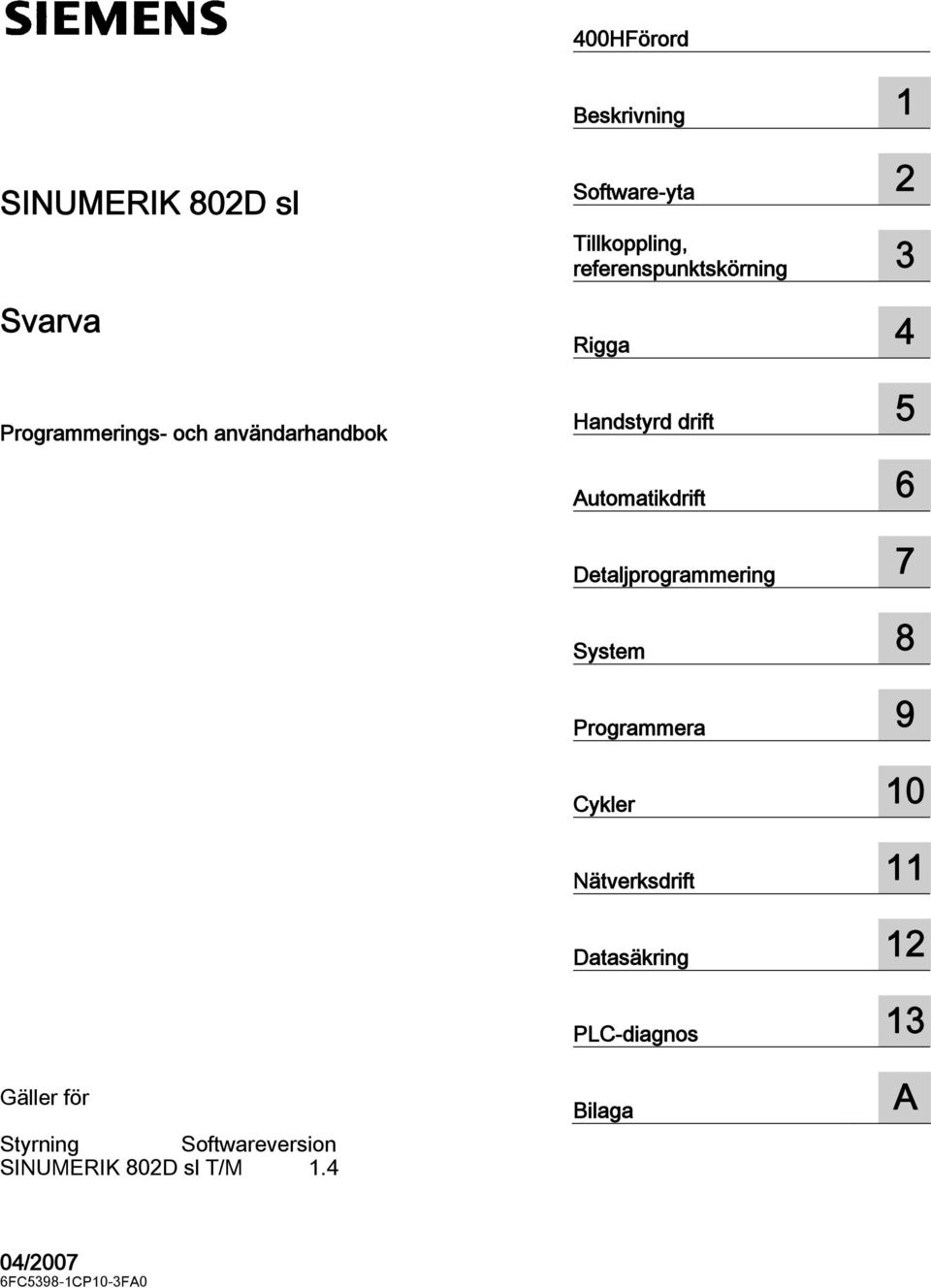 4 400HFörord Beskrivning 1 Software-yta 2 Tillkoppling, referenspunktskörning 3 Rigga 4 Handstyrd