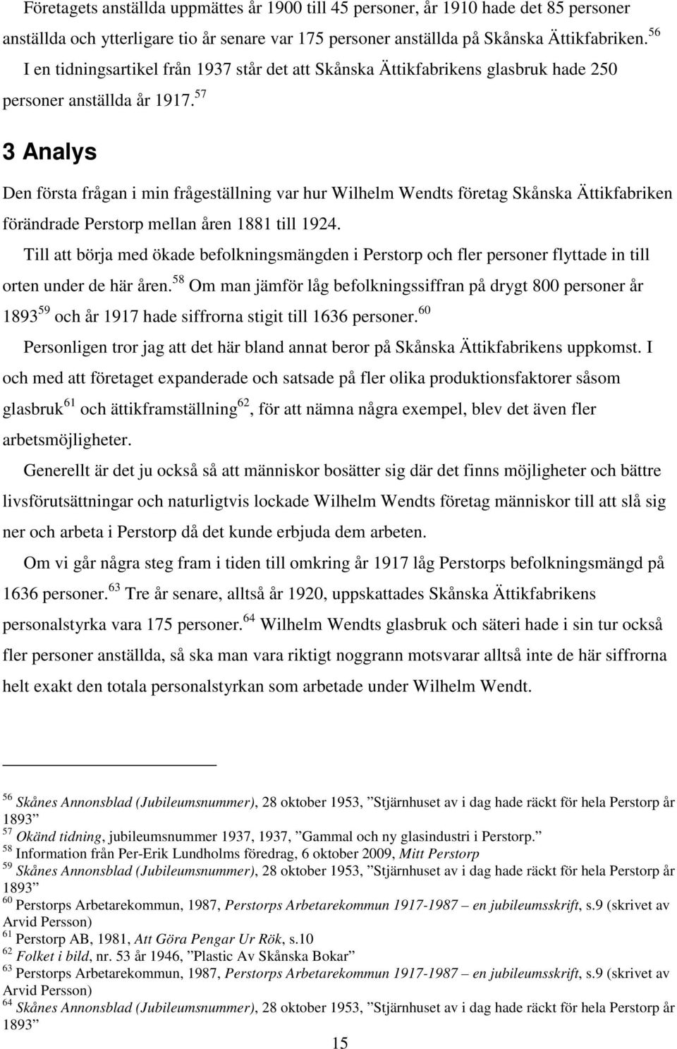 57 3 Analys Den första frågan i min frågeställning var hur Wilhelm Wendts företag Skånska Ättikfabriken förändrade Perstorp mellan åren 1881 till 1924.
