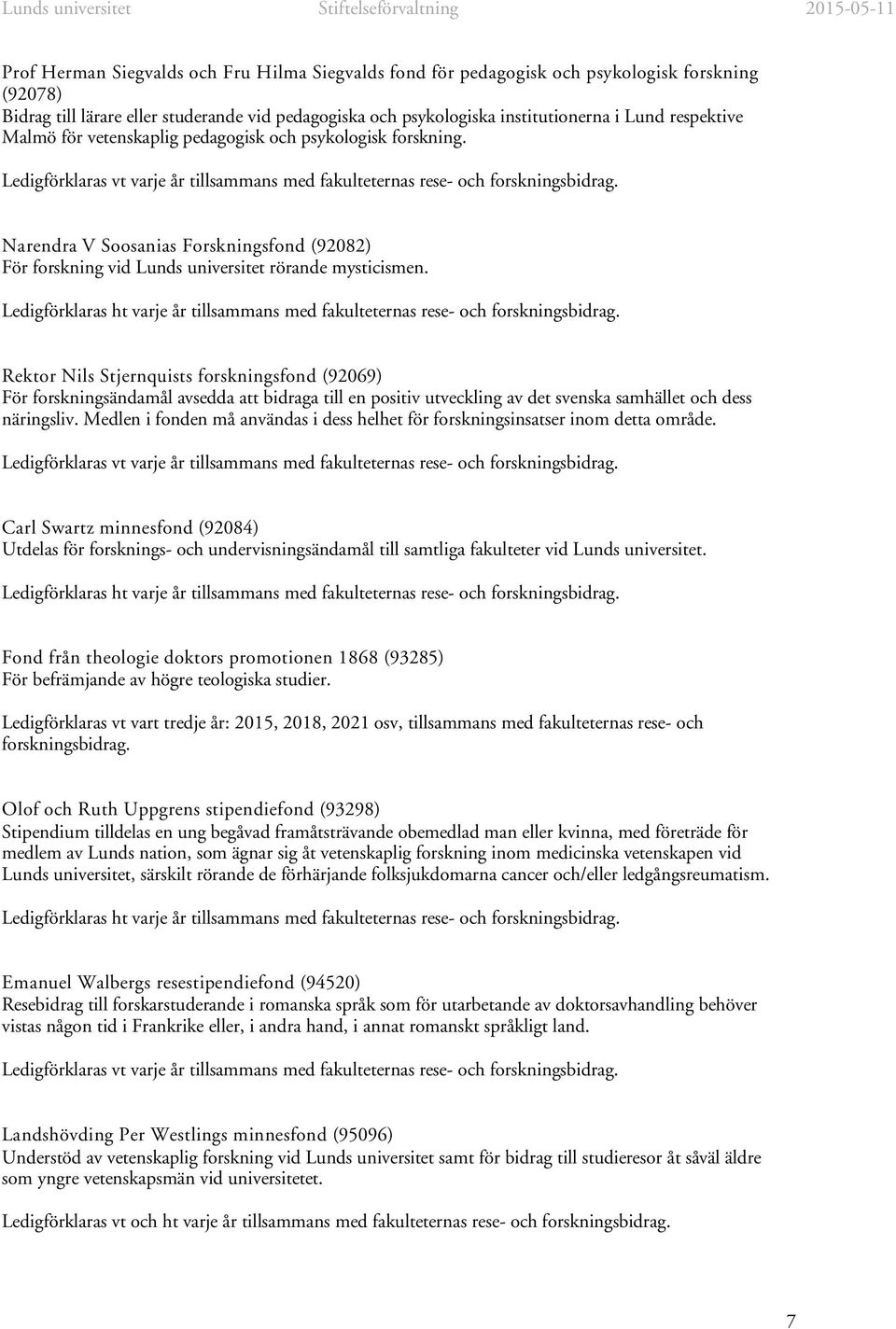 Narendra V Soosanias Forskningsfond (92082) För forskning vid Lunds universitet rörande mysticismen. Ledigförklaras ht varje år tillsammans med fakulteternas rese- och forskningsbidrag.