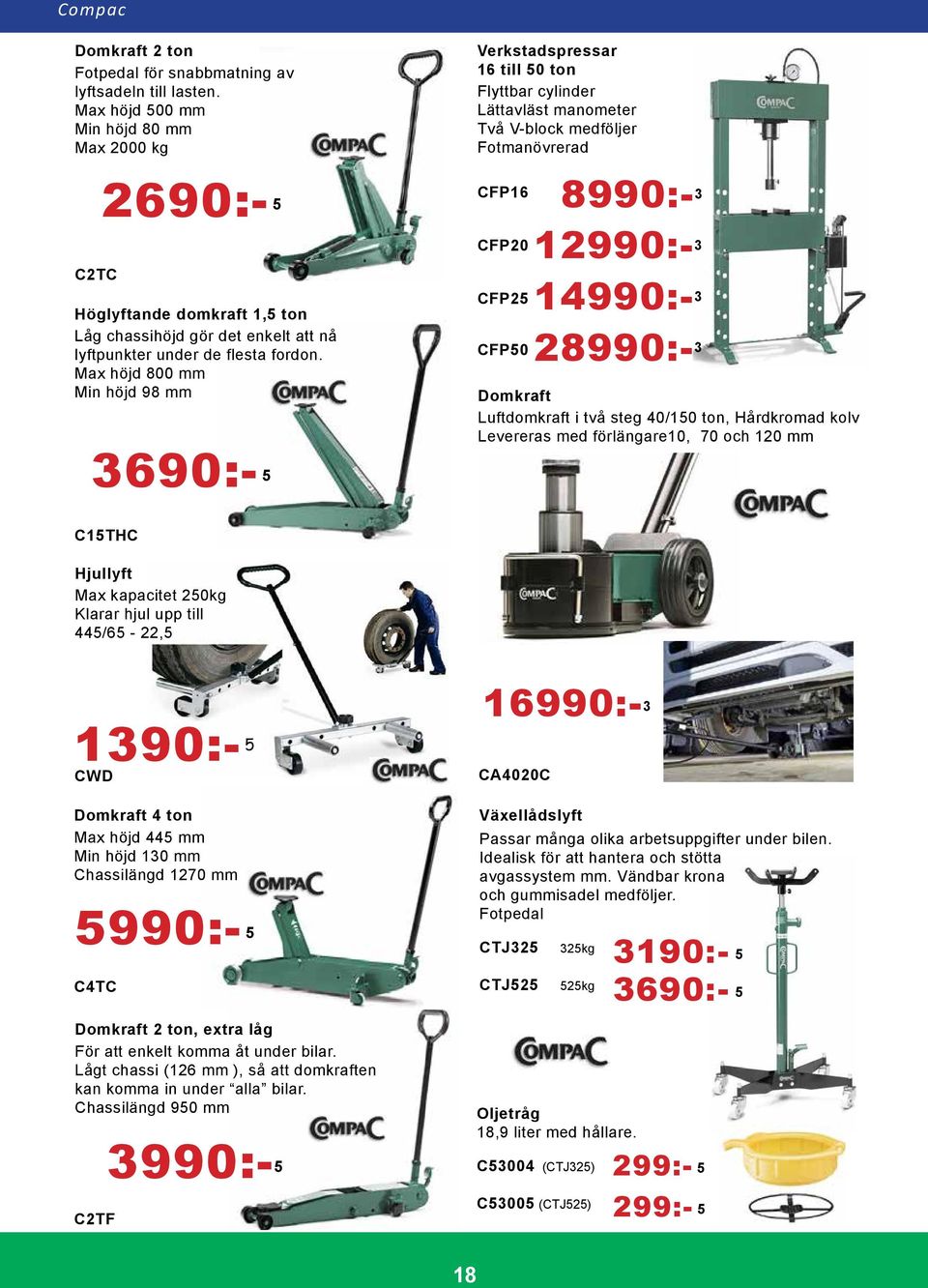 Max höjd 800 mm Min höjd 98 mm Verkstadspressar 16 till 50 ton Flyttbar cylinder Lättavläst manometer Två V-block medföljer Fotmanövrerad CFP16 CFP20 CFP25 CFP50 8990:- 3 12990:- 3 14990:- 3 28990:-