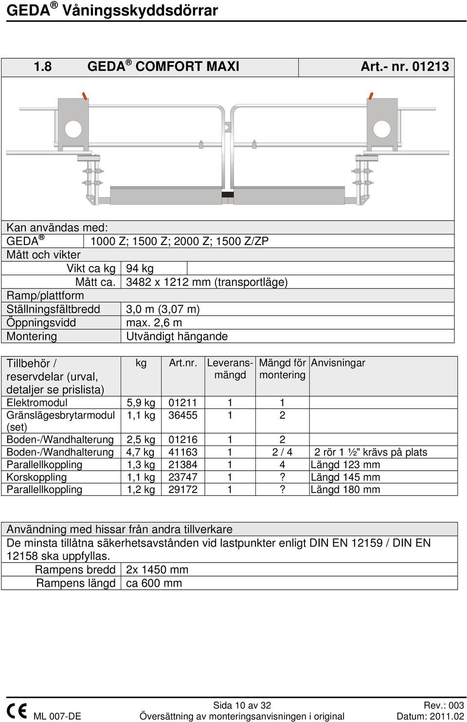 Leveransmängd Mängd för montering Anvisningar Elektromodul 5,9 kg 01211 1 1 Gränslägesbrytarmodul 1,1 kg 36455 1 2 (set) Boden-/Wandhalterung 2,5 kg 01216 1 2 Boden-/Wandhalterung 4,7 kg 41163 1 2 /