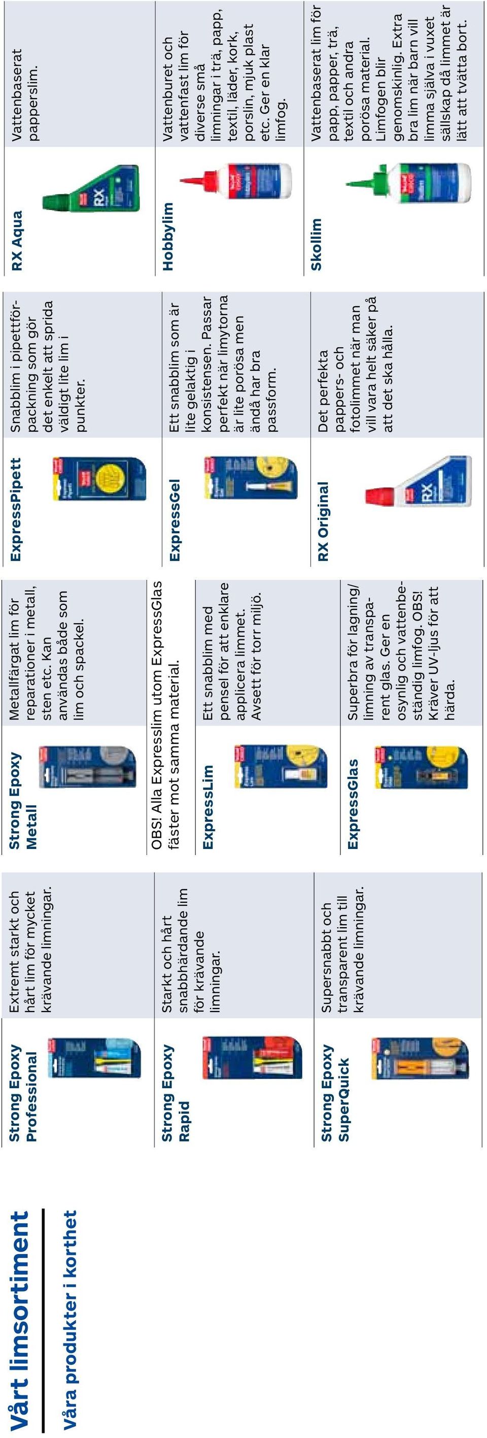 Alla Expresslim utom ExpressGlas fäster mot samma material. Ett snabblim med pensel för att enklare applicera limmet. Avsett för torr miljö.