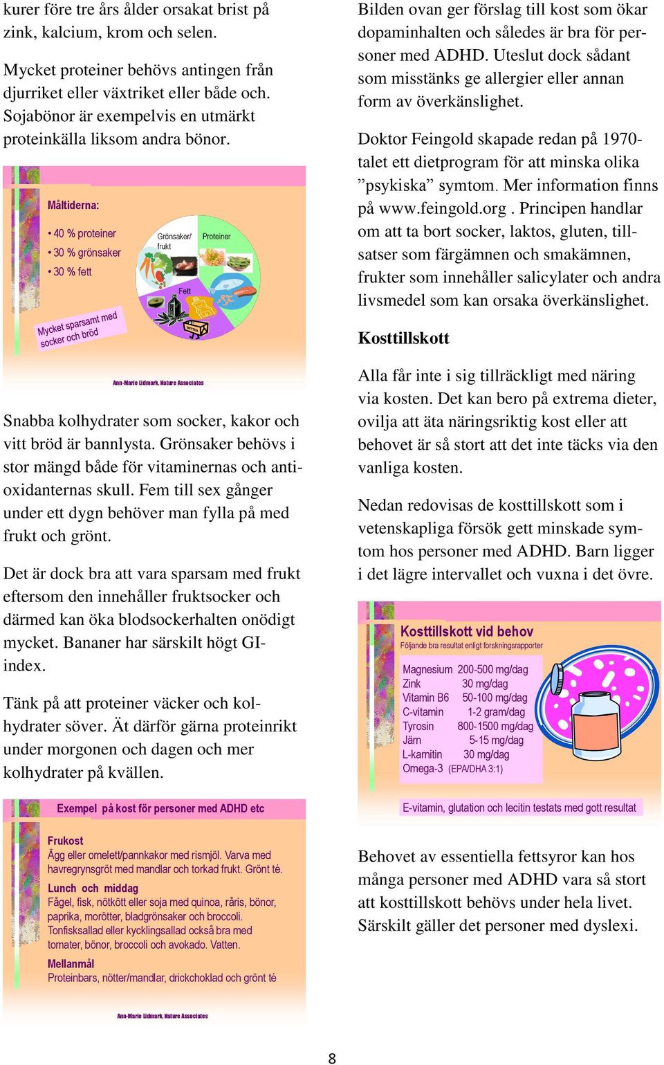 Måltiderna: 40 % proteiner 30 % grönsaker 30 % fett Bilden ovan ger förslag till kost som ökar dopaminhalten och således är bra för personer med ADHD.