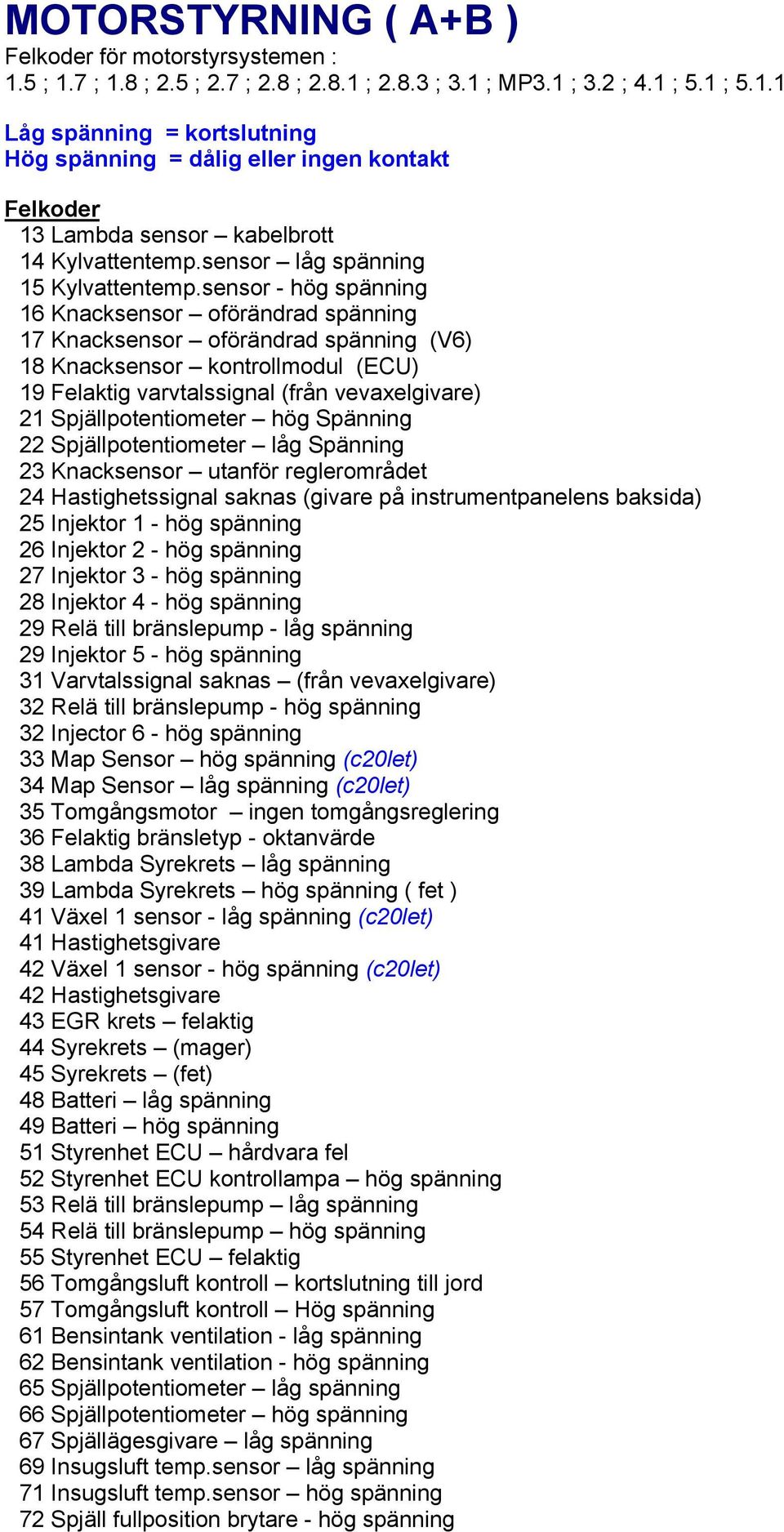 sensor - hög spänning 16 Knacksensor oförändrad spänning 17 Knacksensor oförändrad spänning (V6) 18 Knacksensor kontrollmodul (ECU) 19 Felaktig varvtalssignal (från vevaxelgivare) 21