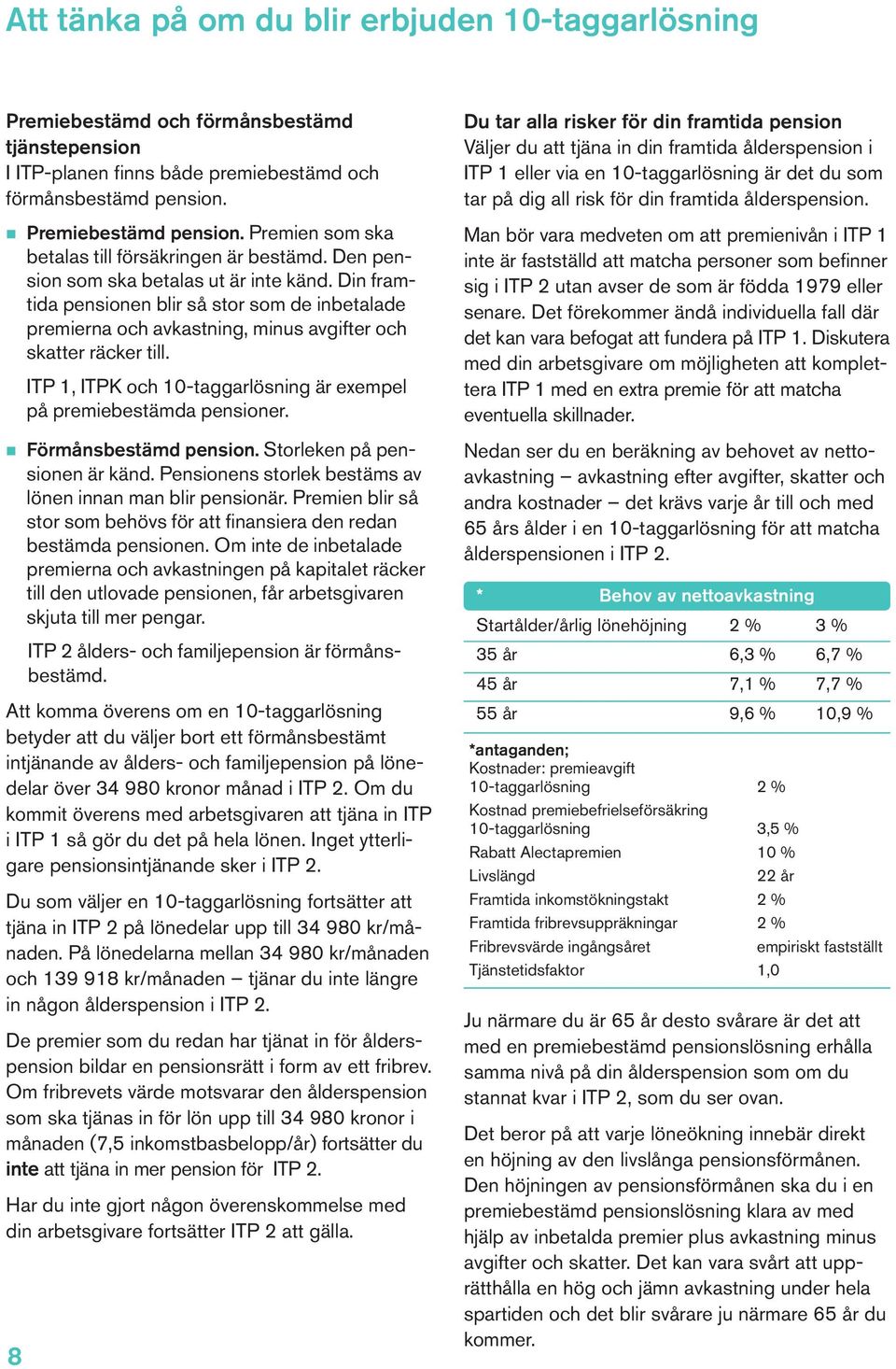 Din framtida pensionen blir så stor som de inbetalade premierna och avkastning, minus avgifter och skatter räcker till. 8 ITP 1, ITPK och 10-taggarlösning är exempel på premiebestämda pensioner.