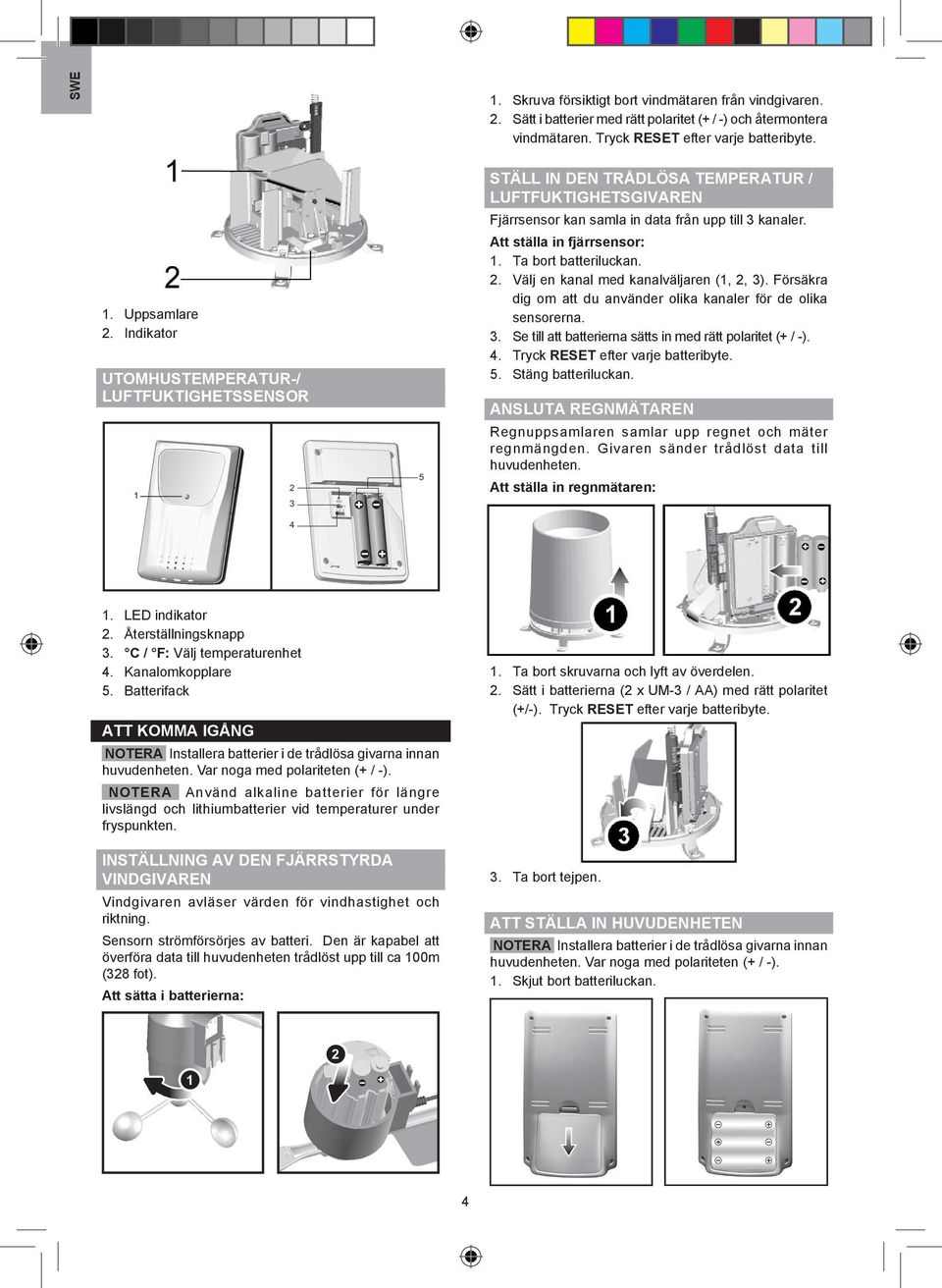 Indikator UTOMHUSTEMPERATUR-/ LUFTFUKTIGHETSSENSOR C F Att ställa in fjärrsensor:. Ta bort batteriluckan.. Välj en kanal med kanalväljaren (,, ).