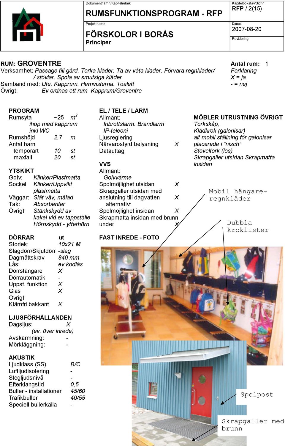 Toalett - = nej Övrigt: Ev ordnas ett rum Kapprum/Groventre PROGRAM Rumsyta ~25 m 2 ihop med kapprum inkl WC Rumshöjd 2,7 m Antal temporärt 10 st maxfall 20 st YTSKIKT Golv: Klinker/Plastmatta Sockel