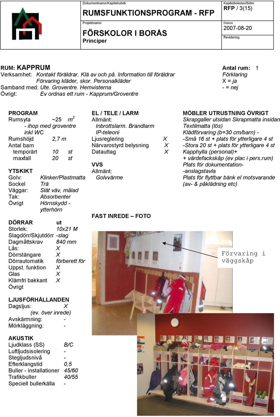 Hemvisterna - = nej Övrigt: Ev ordnas ett rum - Kapprum/Groventre PROGRAM Rumsyta ~25 m 2 - ihop med groventre inkl WC Rumshöjd 2,7 m Antal temporärt 10 st maxfall 20 st YTSKIKT Golv: