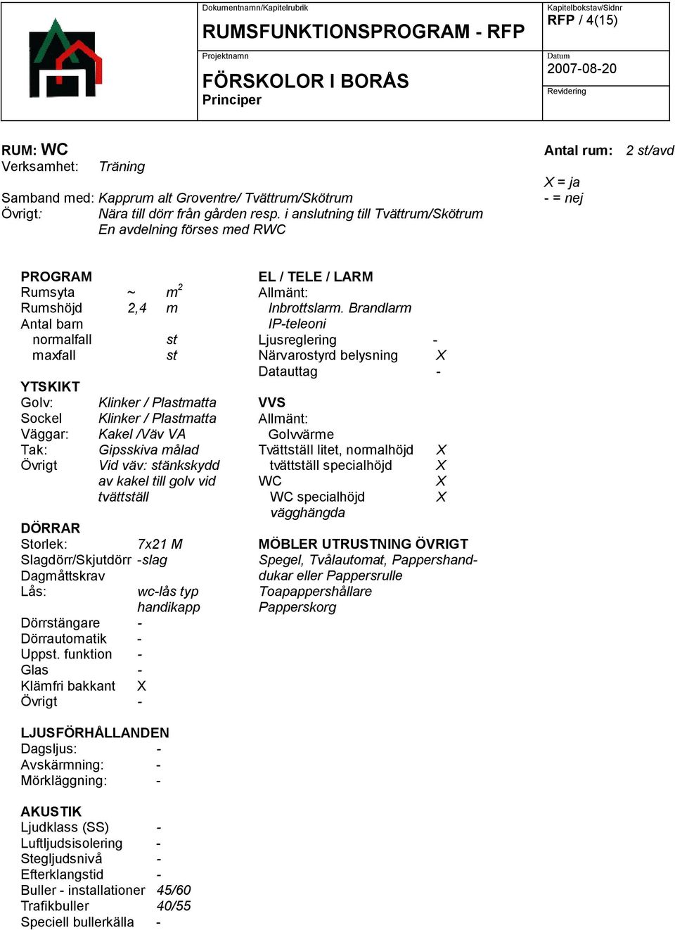 i anslutning till Tvättrum/Skötrum En avdelning förses med RWC Antal rum: 2 st/avd = ja - = nej PROGRAM Rumsyta ~ m 2 Rumshöjd 2,4 m Antal normalfall st maxfall st YTSKIKT Golv: Sockel Väggar: Tak: