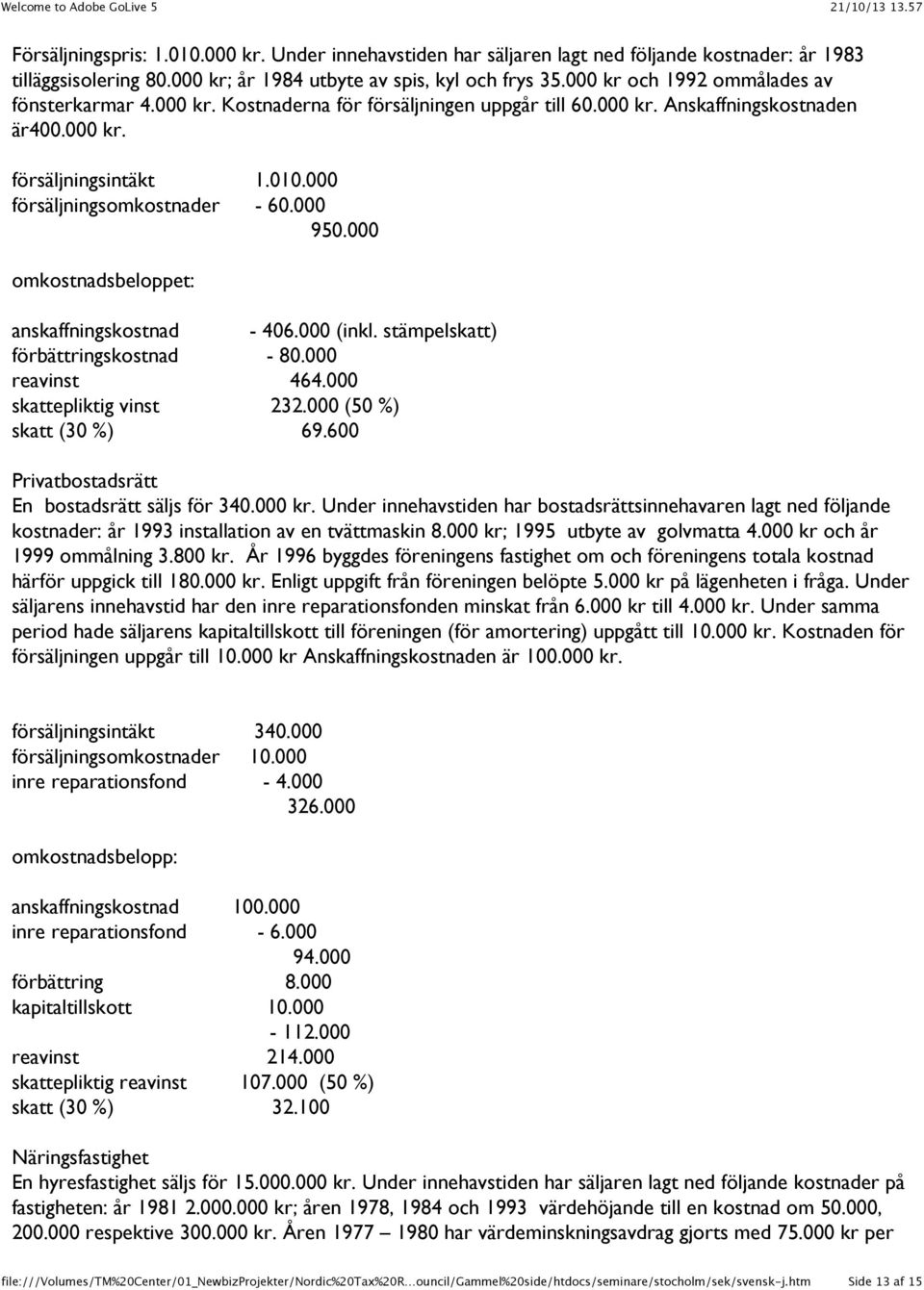 000 950.000 omkostnadsbeloppet: anskaffningskostnad - 406.000 (inkl. stämpelskatt) förbättringskostnad - 80.000 reavinst 464.000 skattepliktig vinst 232.000 (50 %) skatt (30 %) 69.