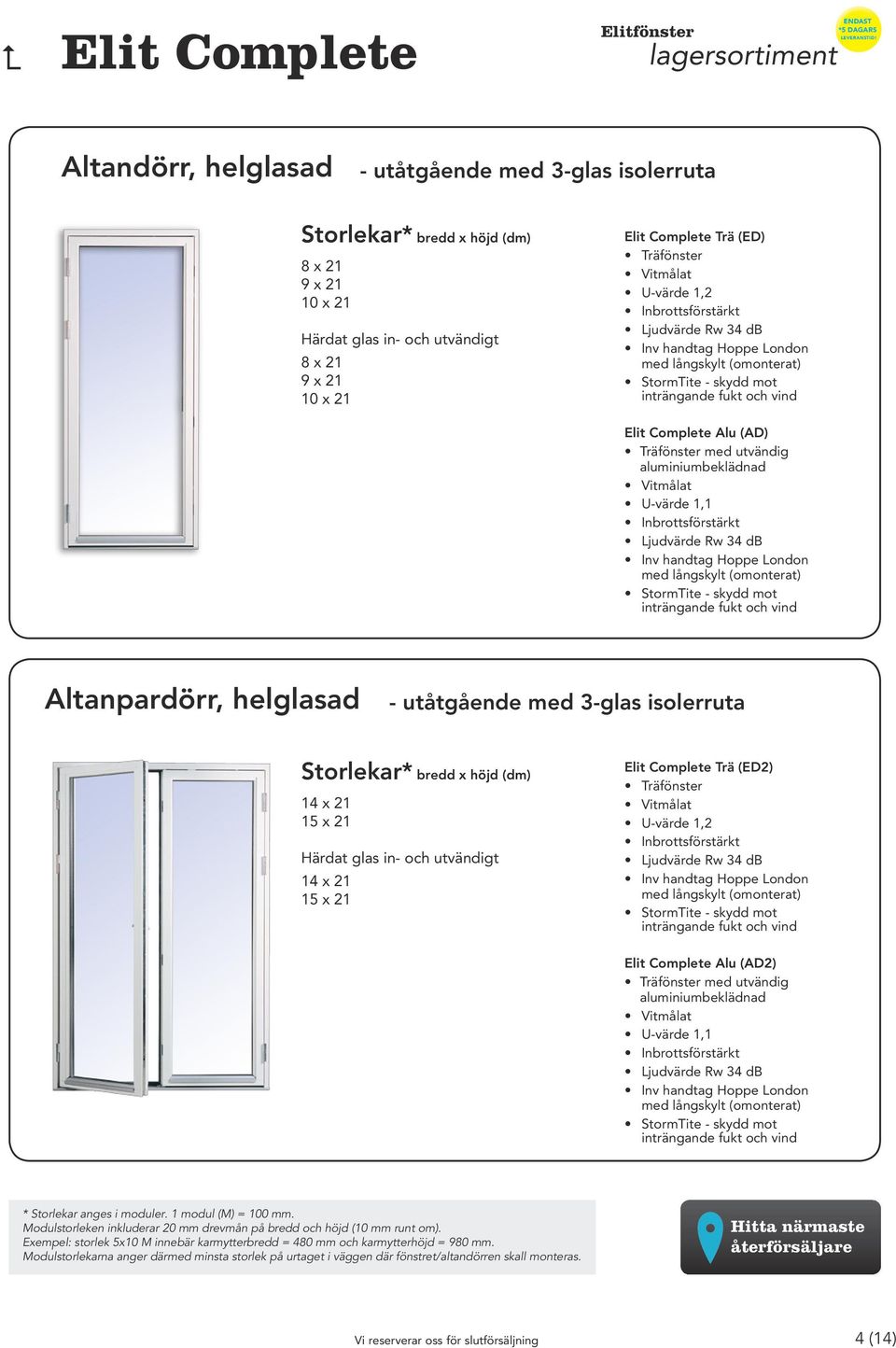 utvändig Altanpardörr, helglasad - utåtgående med 3-glas isolerruta 14 x 21 15 x