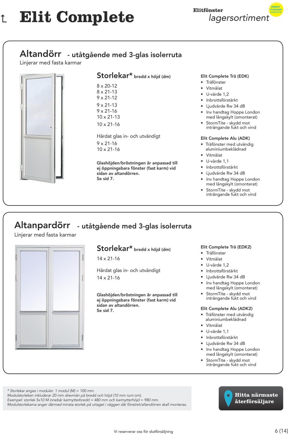 Trä (EDK) Alu (ADK) med utvändig Altanpardörr Linjerar med fasta karmar - utåtgående med 3-glas isolerruta 14 x 21-16 Härdat glas in- och utvändigt 14 x