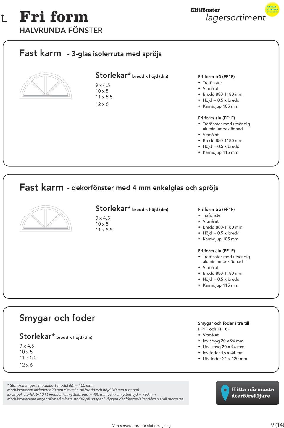 Fri form trä (FF1F) Bredd 880-1180 mm Höjd = 0,5 x bredd Karmdjup 105 mm Fri form alu (FF1F) med utvändig Bredd 880-1180 mm Höjd = 0,5 x bredd Karmdjup 115 mm Smygar