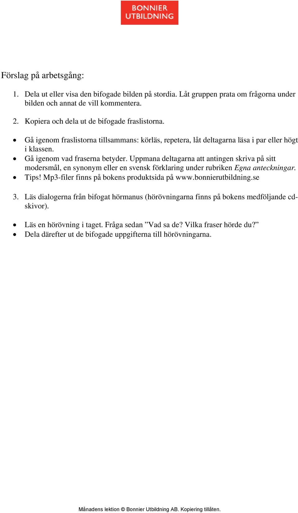 Uppmana deltagarna att antingen skriva på sitt modersmål, en synonym eller en svensk förklaring under rubriken Egna anteckningar. Tips! Mp3-filer finns på bokens produktsida på www.