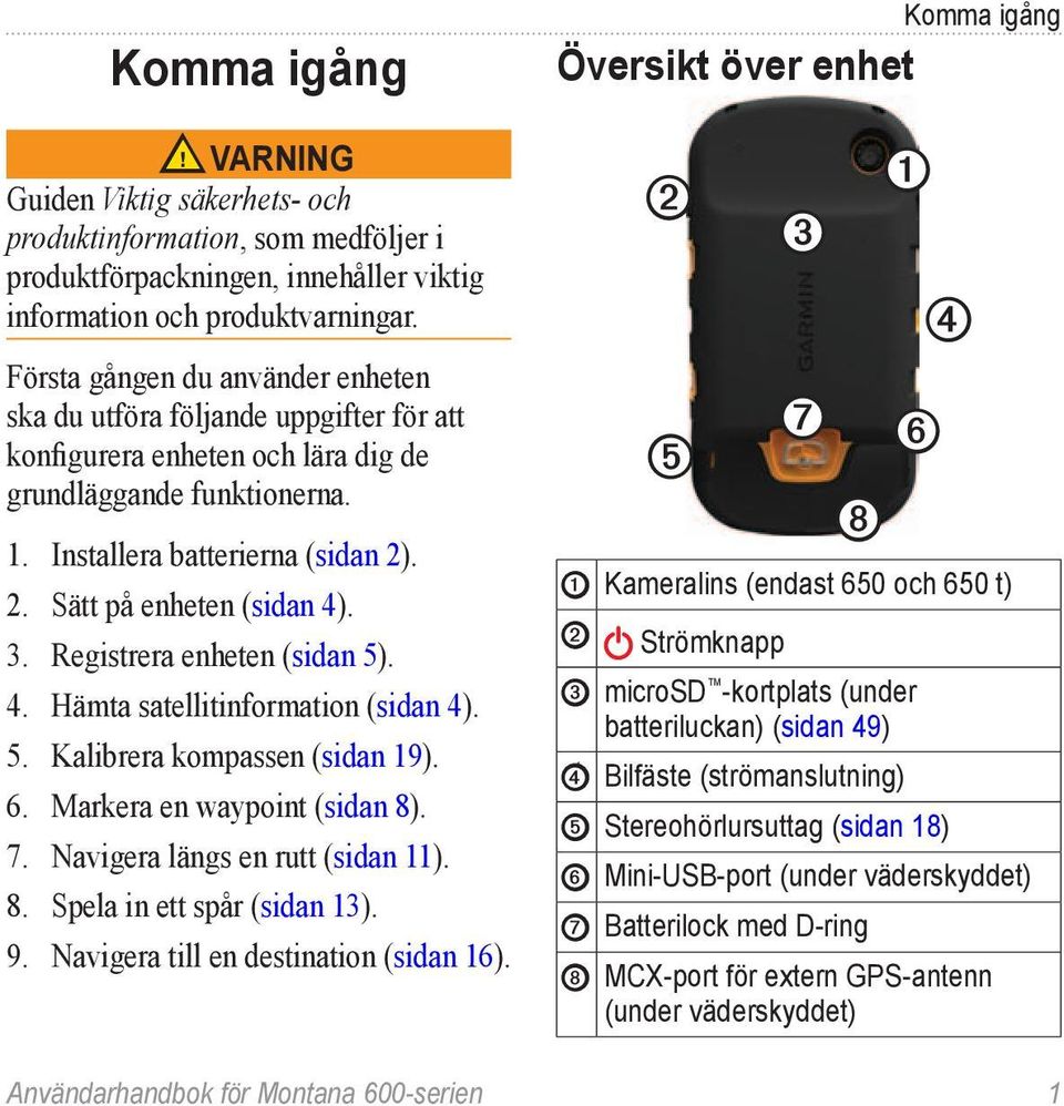 . 2. Sätt på enheten (sidan 4). 3. Registrera enheten (sidan 5). 4. Hämta satellitinformation (sidan 4). 5. Kalibrera kompassen (sidan 19). 6. Markera en waypoint (sidan 8). 7.