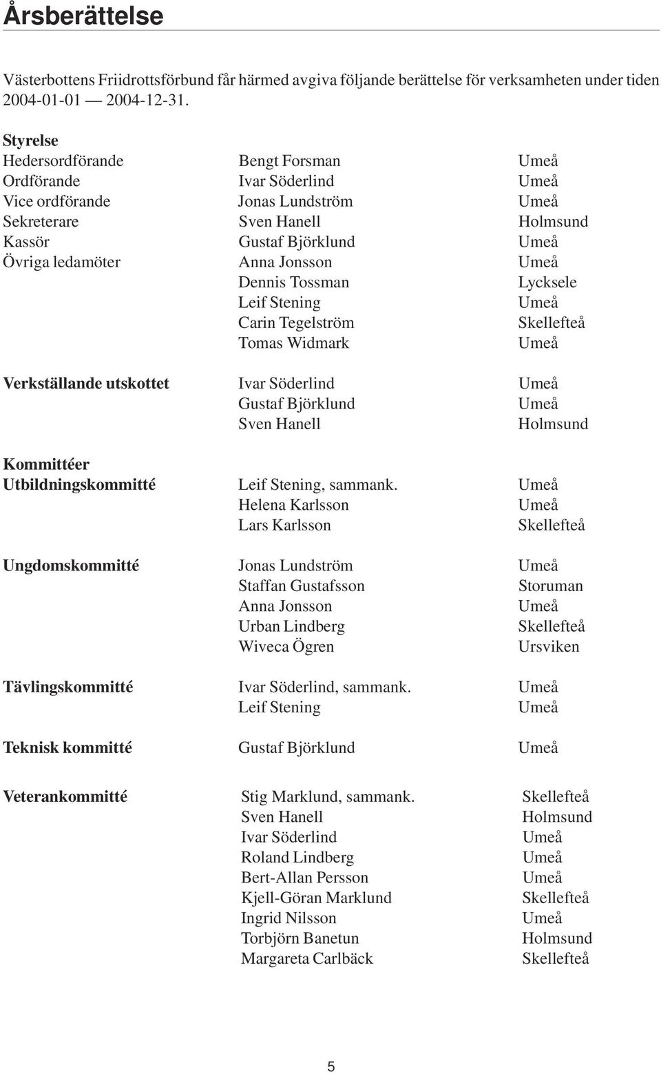 Jonsson Umeå Dennis Tossman Lycksele Leif Stening Umeå Carin Tegelström Skellefteå Tomas Widmark Umeå Verkställande utskottet Ivar Söderlind Umeå Gustaf Björklund Umeå Sven Hanell Holmsund Kommittéer