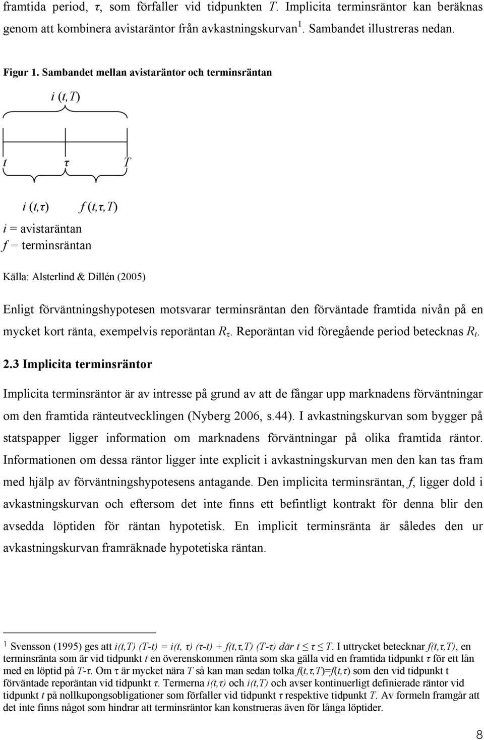 terminsräntan den förväntade framtida nivån på en mycket kort ränta, exempelvis reporäntan R τ. Reporäntan vid föregående period betecknas R t. 2.