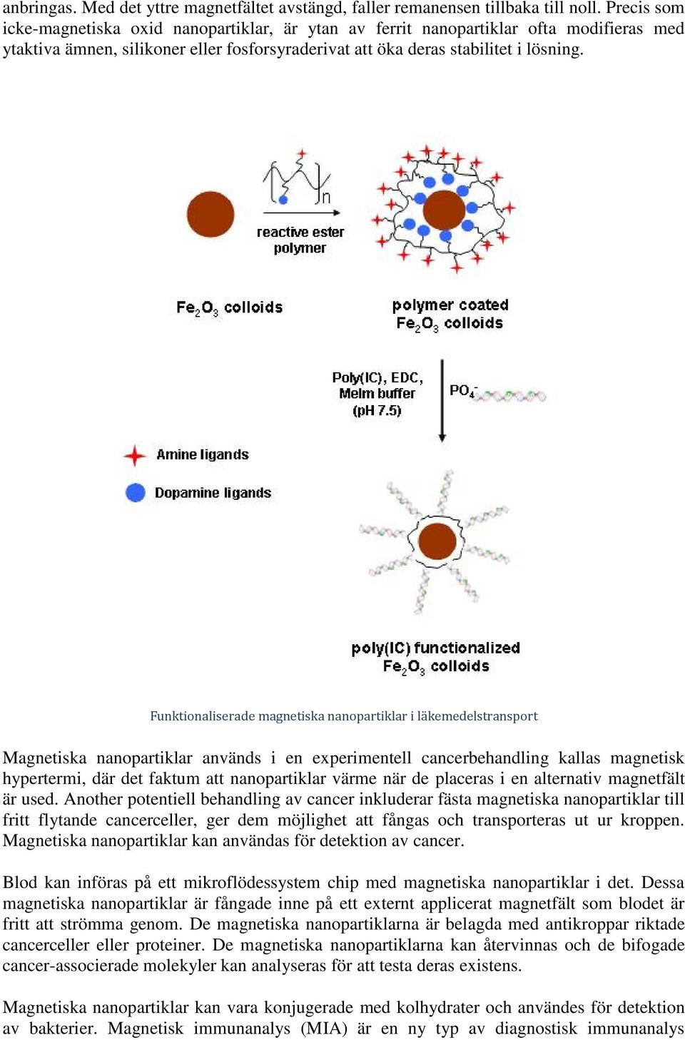 Funktionaliserade magnetiska nanopartiklar i läkemedelstransport Magnetiska nanopartiklar används i en experimentell cancerbehandling kallas magnetisk hypertermi, där det faktum att nanopartiklar