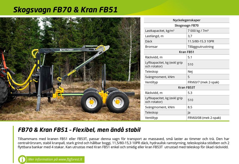 5 Ja FRV60/08 (mek 2-spak) FB70 & Kran FB51 Flexibel, men ändå stabil Tillsammans med kranen FB51 eller FB53T, passar denna vagn för transport av massaved, små laster av timmer och trä.