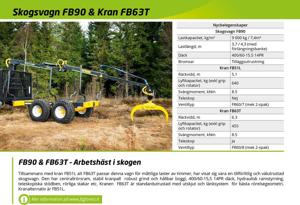 5 Ja FR60/8 (mek 2-spak) FB90 & FB63T Arbetshäst i skogen Tillsammans med kran FB51L alt FB63T passar denna vagn för måttliga laster av timmer, har visat sig vara en tillförlitlig och välutrustad