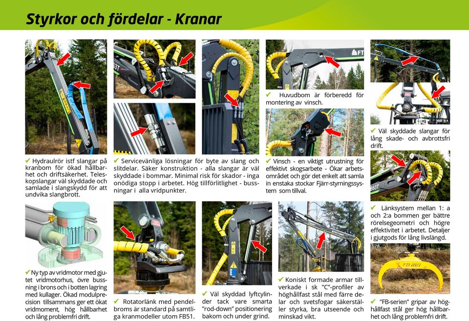 Servicevänliga lösningar för byte av slang och slitdelar. Säker konstruktion - alla slangar är väl skyddade i bommar. Minimal risk för skador - inga onödiga stopp i arbetet.