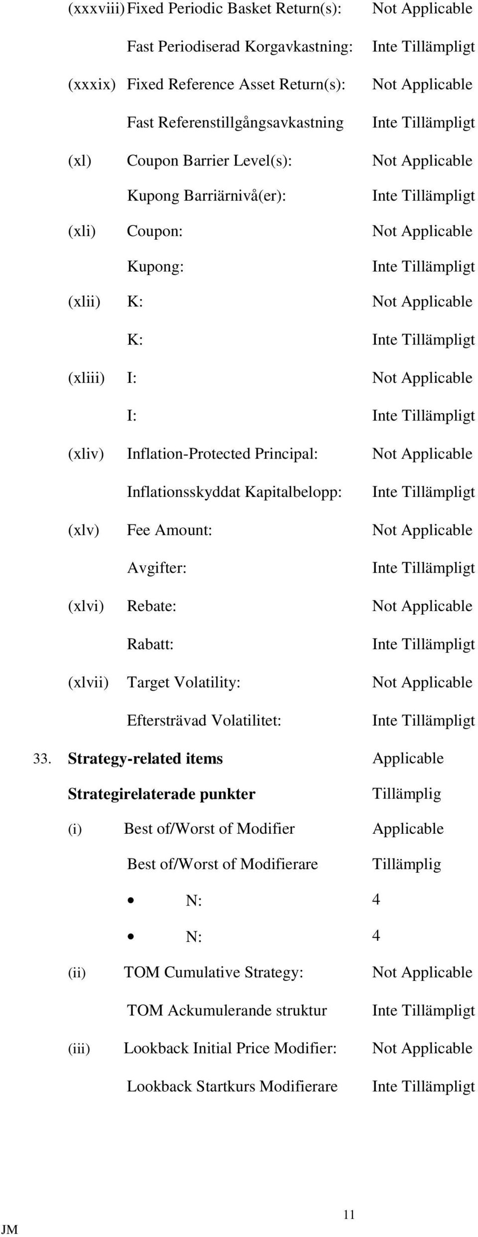 Applicable Inflationsskyddat Kapitalbelopp: (xlv) Fee Amount: Not Applicable Avgifter: (xlvi) Rebate: Not Applicable Rabatt: (xlvii) Target Volatility: Not Applicable Eftersträvad Volatilitet: 33.