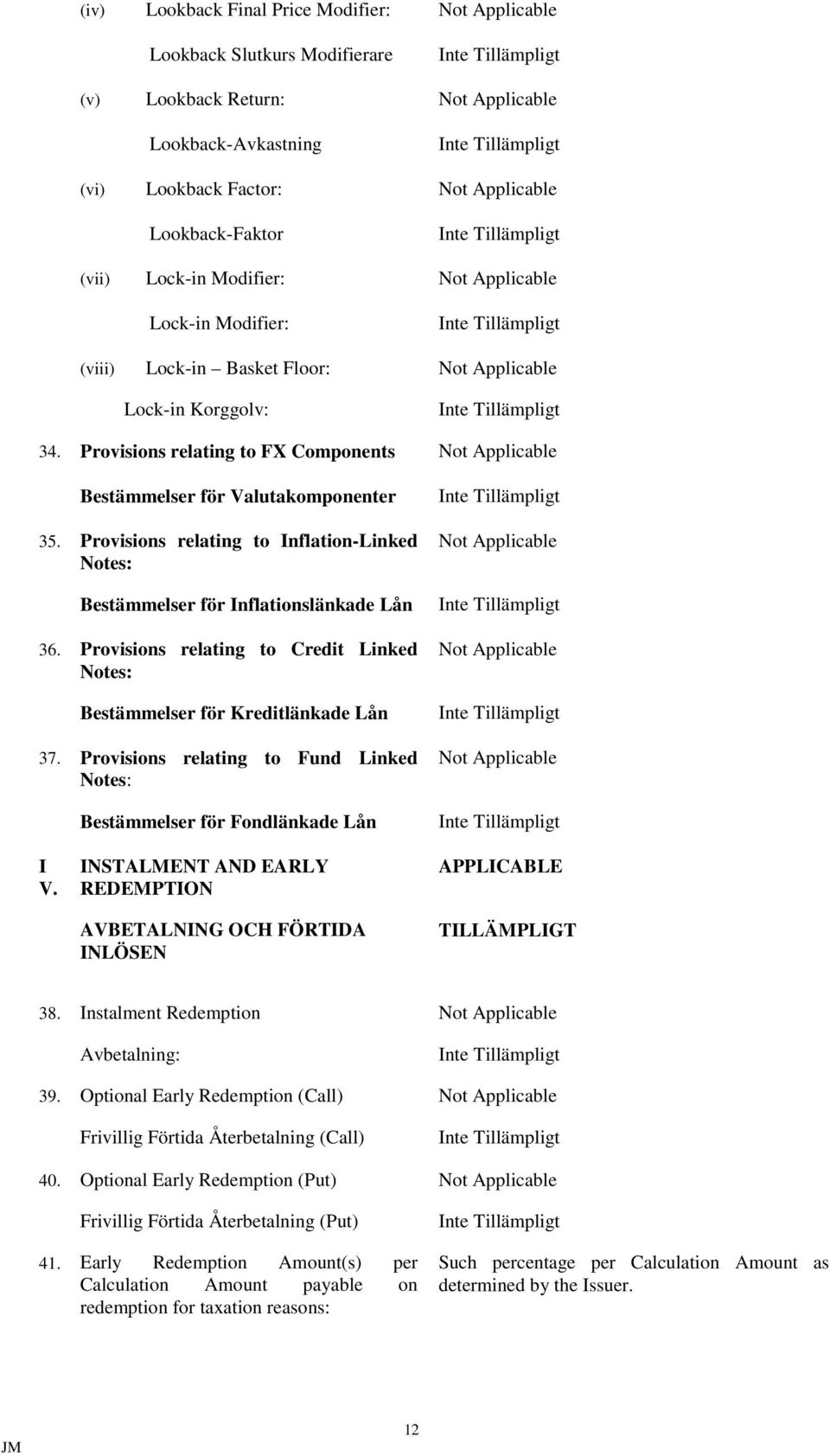 Provisions relating to FX Components Not Applicable Bestämmelser för Valutakomponenter 35. Provisions relating to Inflation-Linked Notes: Bestämmelser för Inflationslänkade Lån 36.