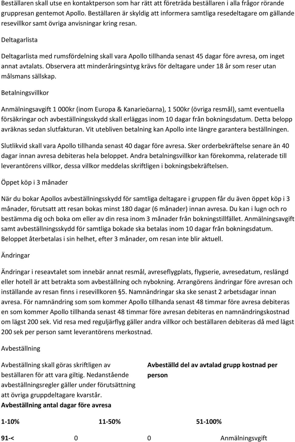 Deltagarlista Deltagarlista med rumsfördelning skall vara Apollo tillhanda senast 45 dagar före avresa, om inget annat avtalats.