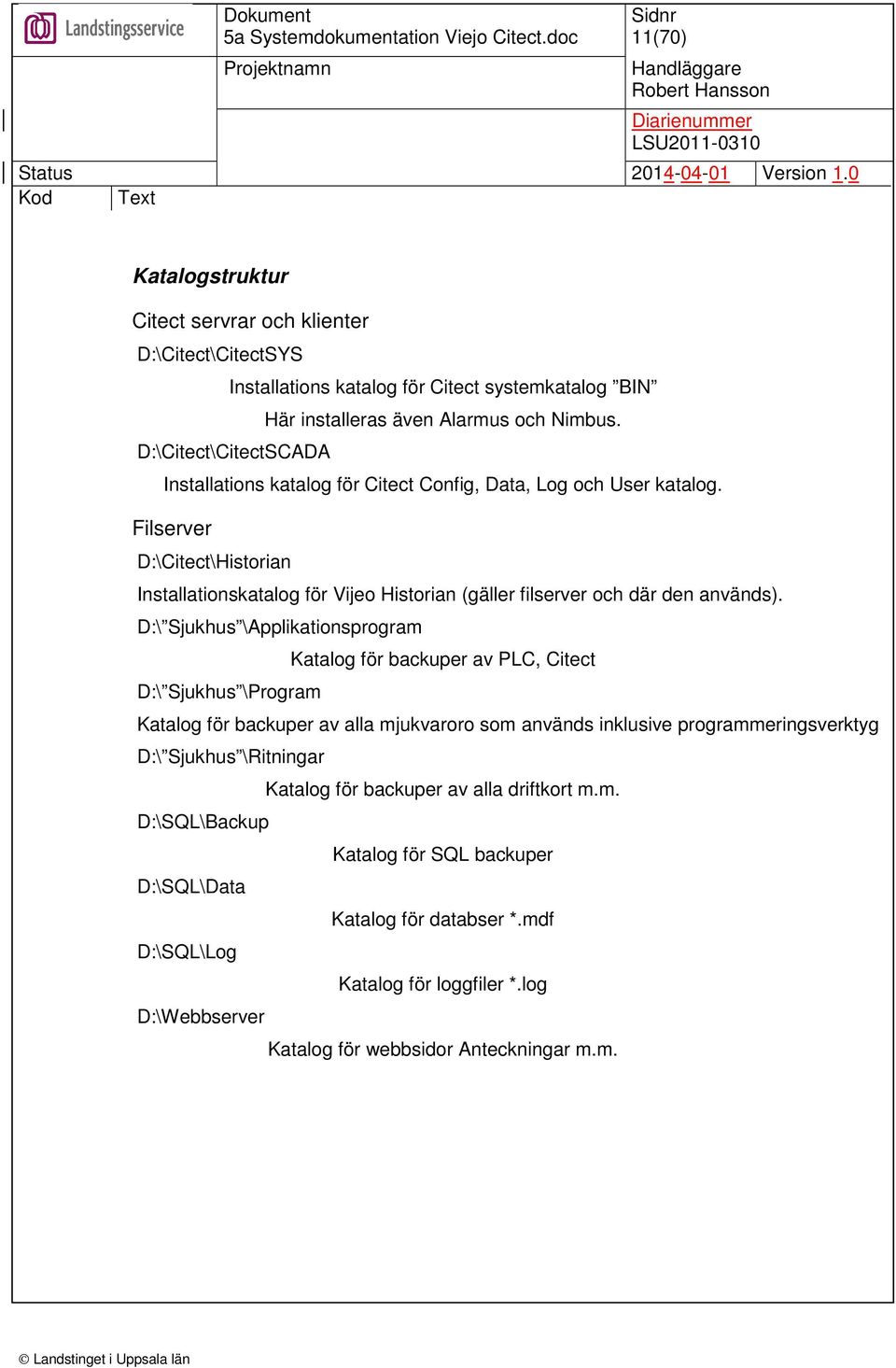 Filserver D:\Citect\Historian Installationskatalog för Vijeo Historian (gäller filserver och där den används).