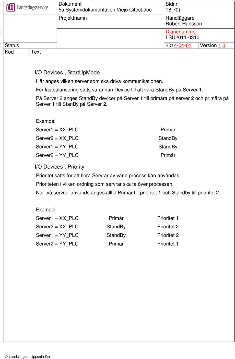 Exempel Server1 = XX_PLC Server2 = XX_PLC Server1 = YY_PLC Server2 = YY_PLC Primär StandBy StandBy Primär I/O Devices, Priority Prioritet sätts för att flera Servrar av varje process kan användas.