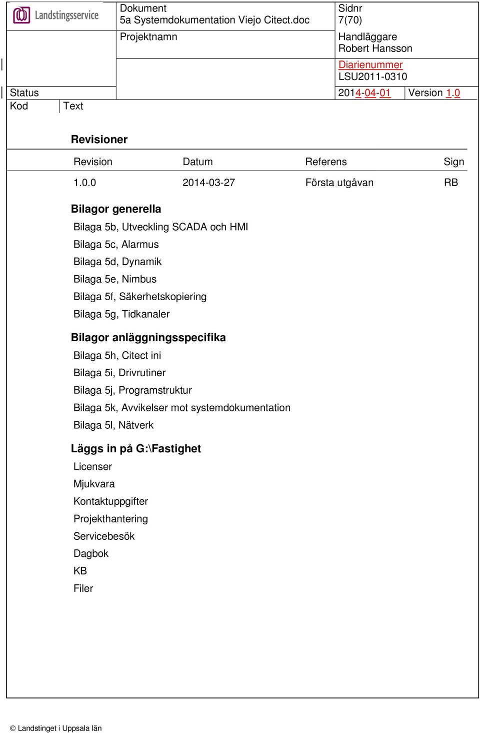 anläggningsspecifika Bilaga 5h, Citect ini Bilaga 5i, Drivrutiner Bilaga 5j, Programstruktur Bilaga 5k, Avvikelser mot