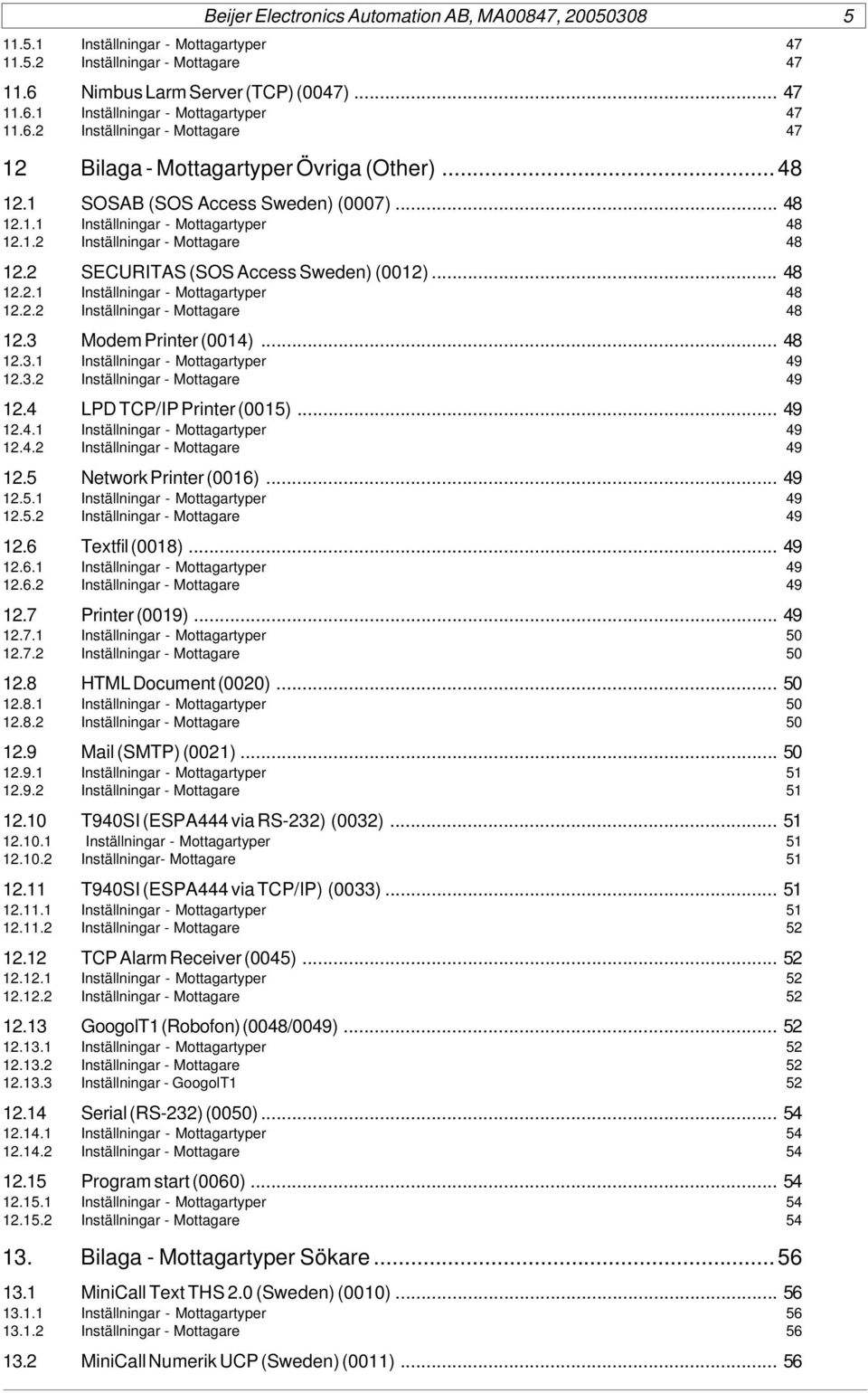 .. 48 12.3.1 Inställningar - Mottagartyper 49 12.3.2 Inställningar - Mottagare 49 12.4 LPD TCP/IP Printer (0015)... 49 12.4.1 Inställningar - Mottagartyper 49 12.4.2 Inställningar - Mottagare 49 12.5 Network Printer (0016).