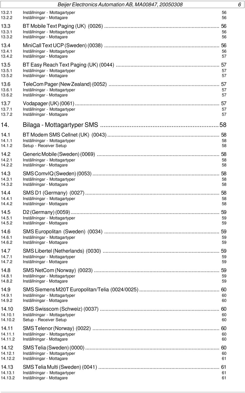 .. 57 13.6.1 Inställningar - Mottagartyper 57 13.6.2 Inställningar - Mottagare 57 13.7 Vodapager (UK)(0061)... 57 13.7.1 Inställningar - Mottagartyper 57 13.7.2 Inställningar - Mottagare 57 14.