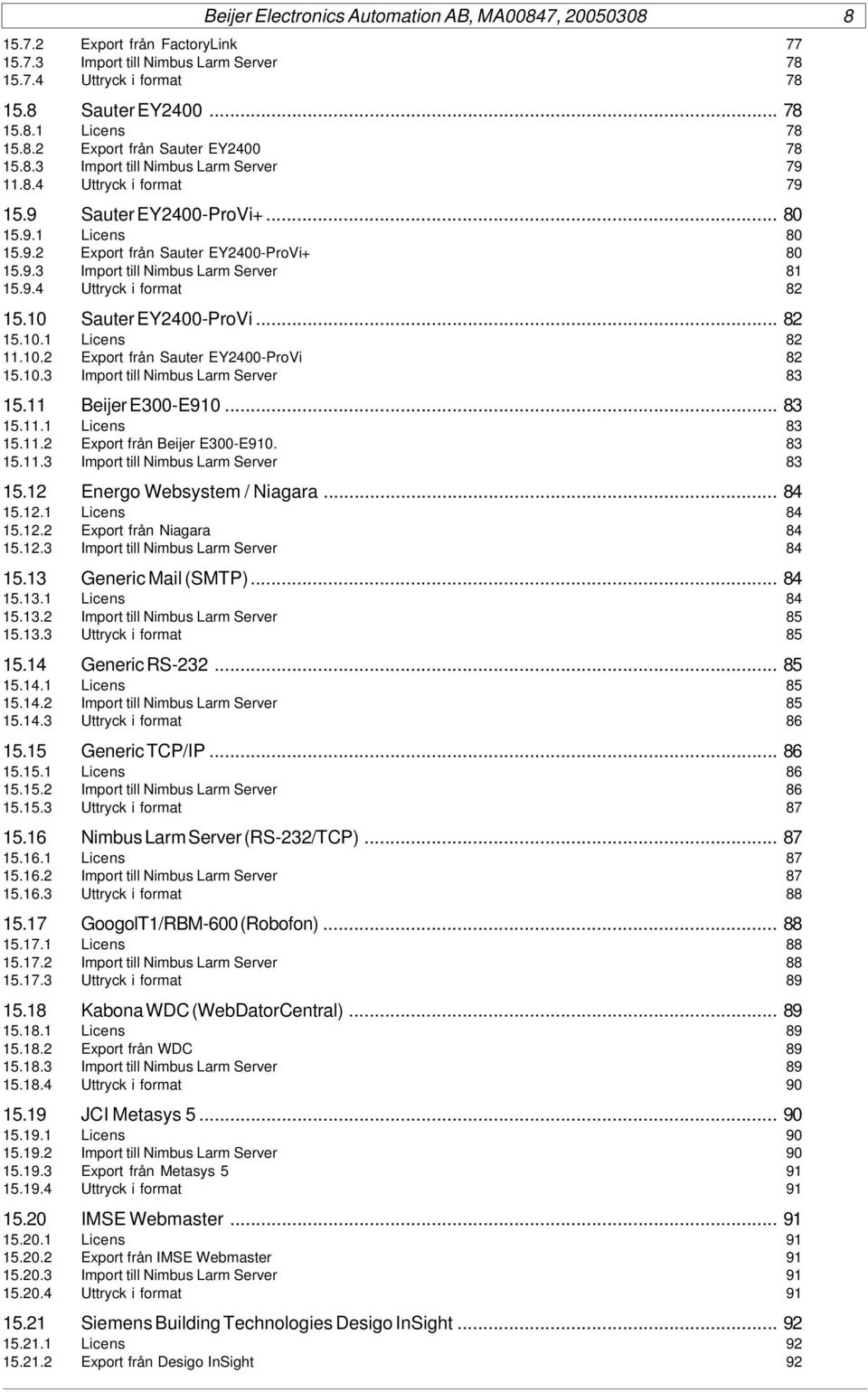 10 Sauter EY2400-ProVi... 82 15.10.1 Licens 82 11.10.2 Export från Sauter EY2400-ProVi 82 15.10.3 Import till Nimbus Larm Server 83 15.11 Beijer E300-E910... 83 15.11.1 Licens 83 15.11.2 Export från Beijer E300-E910.