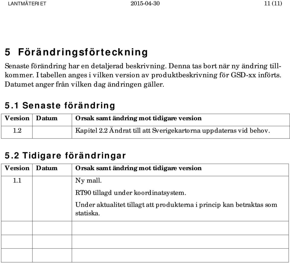 1 Senaste förändring Version Datum Orsak samt ändring mot tidigare version 1.2 Kapitel 2.2 Ändrat till att Sverigekartorna uppdateras vid behov. 5.