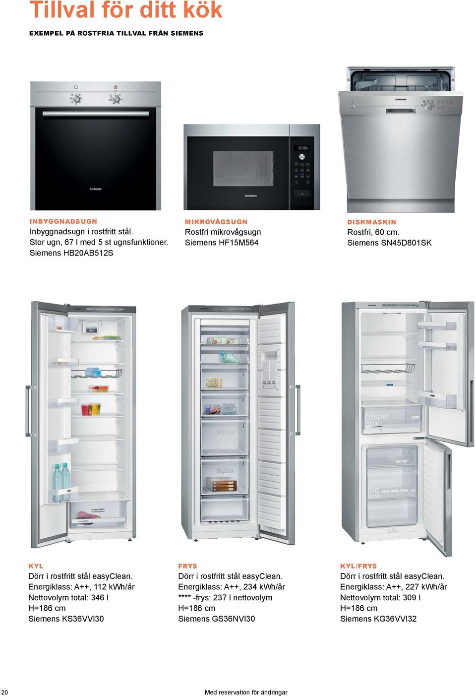 Energiklass: A++, 112 kwh/år Nettovolym total: 346 l H=186 cm Siemens KS36VVI30 FRYS Dörr i rostfritt stål easyclean.