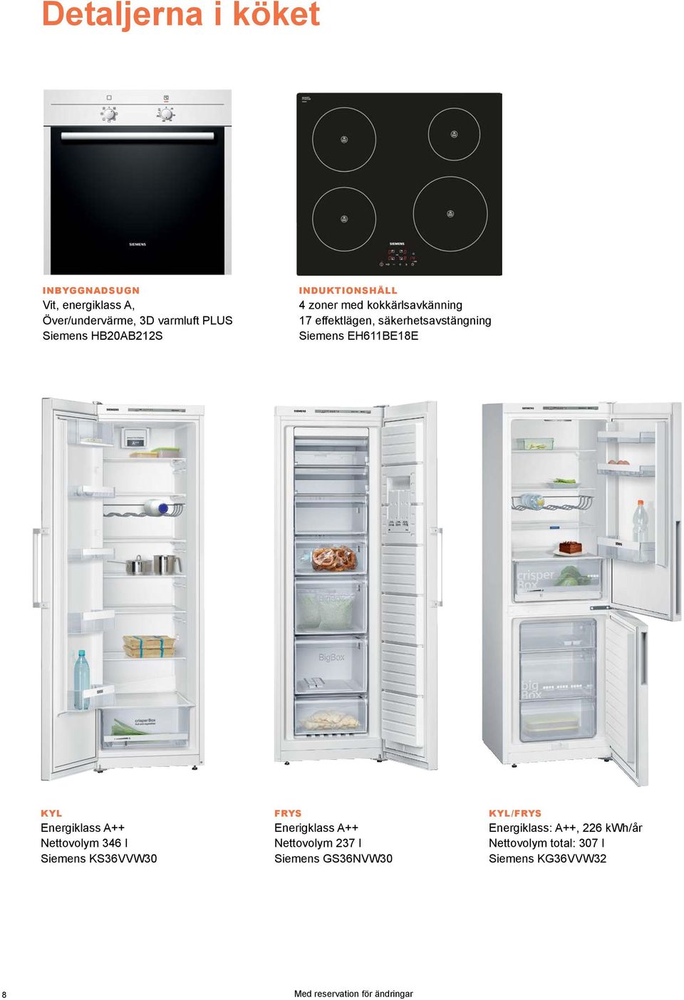 Siemens EH611BE18E KYL Energiklass A++ Nettovolym 346 l Siemens KS36VVW30 FRYS Enerigklass A++